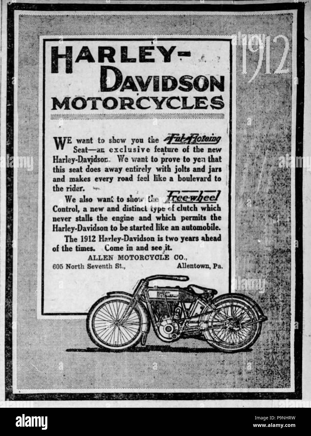 31 1912 - Allen Motorcycle Company Ad - 12 Abr MC - Allentown PA Foto de stock