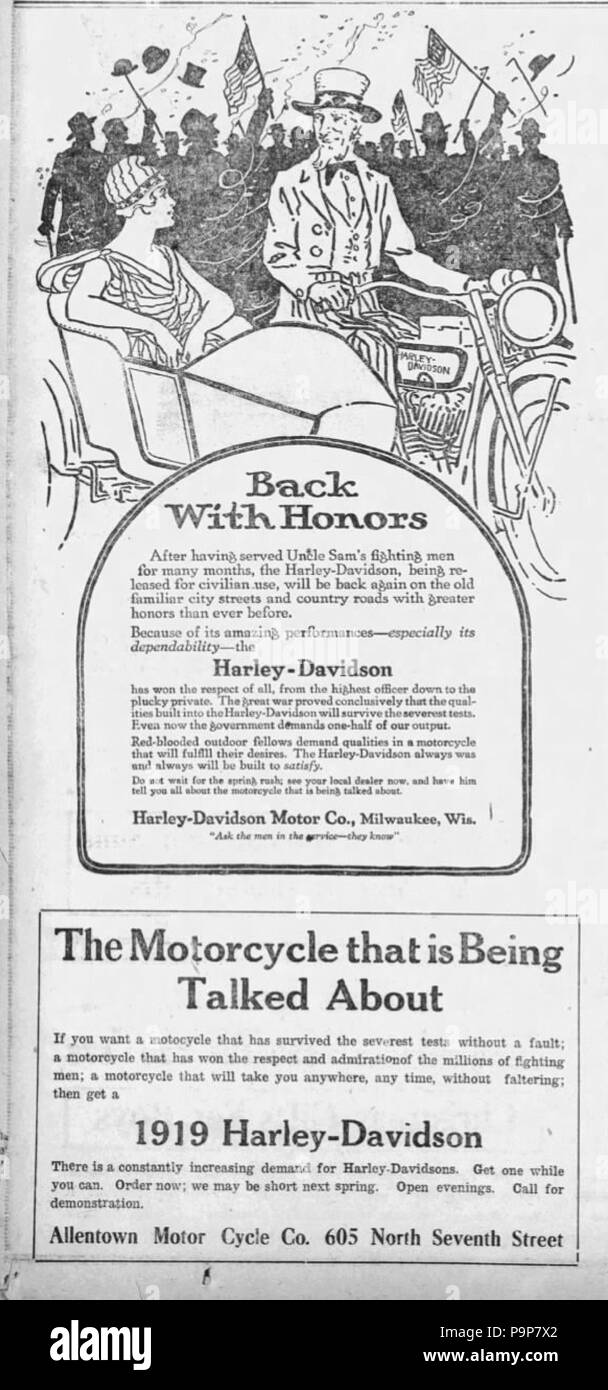 37 1918 - Allen Motorcycle Company Ad - 19 Dic MC - Allentown PA Foto de stock