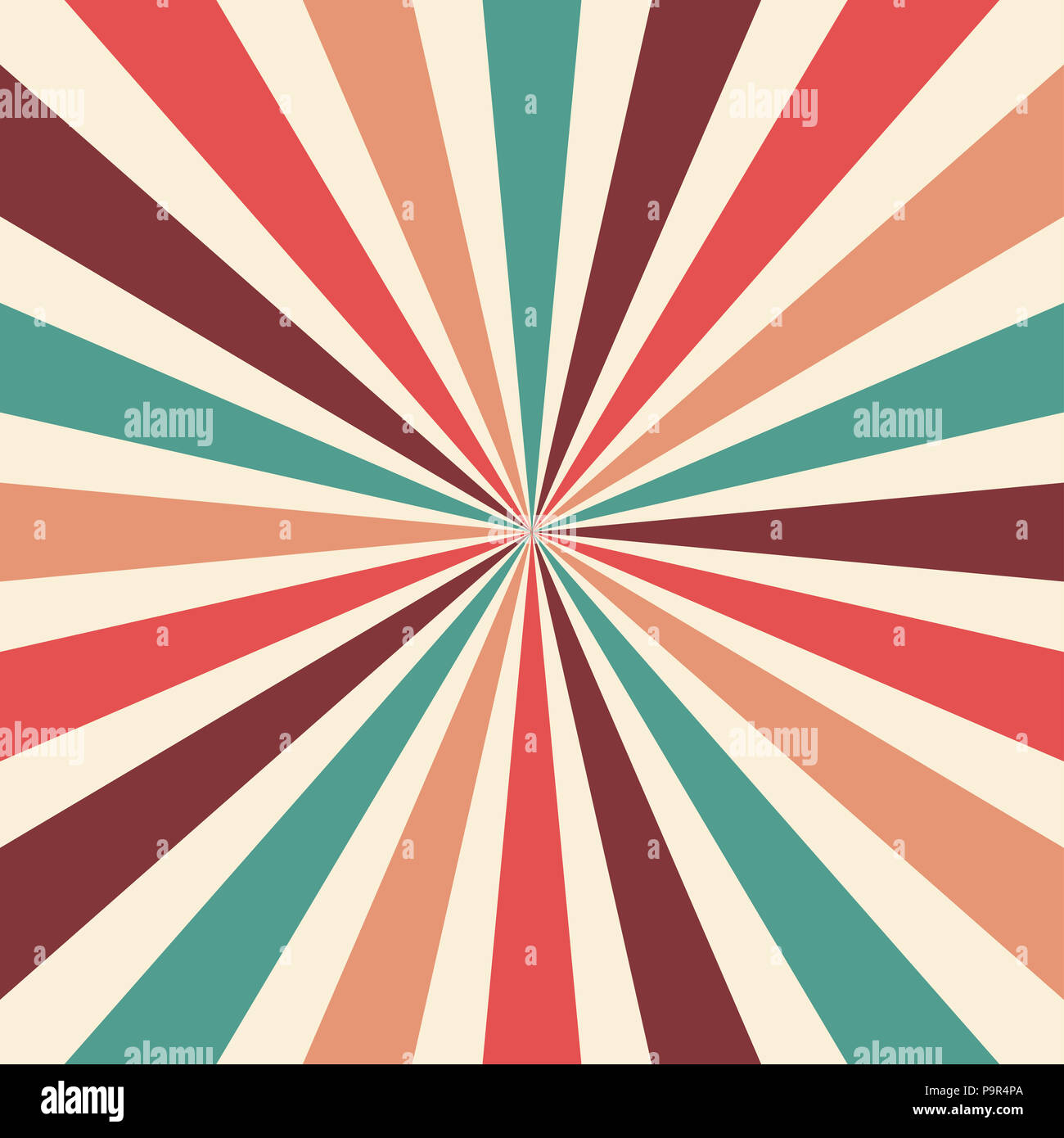 Retro O Starburst Sunburst Vector De Fondo Plano Con Una Paleta De Colores Vintage De Borgona Durazno Rosa Rojo Verde Azul Y Beige Blanco En Un St Radial Fotografia De Stock
