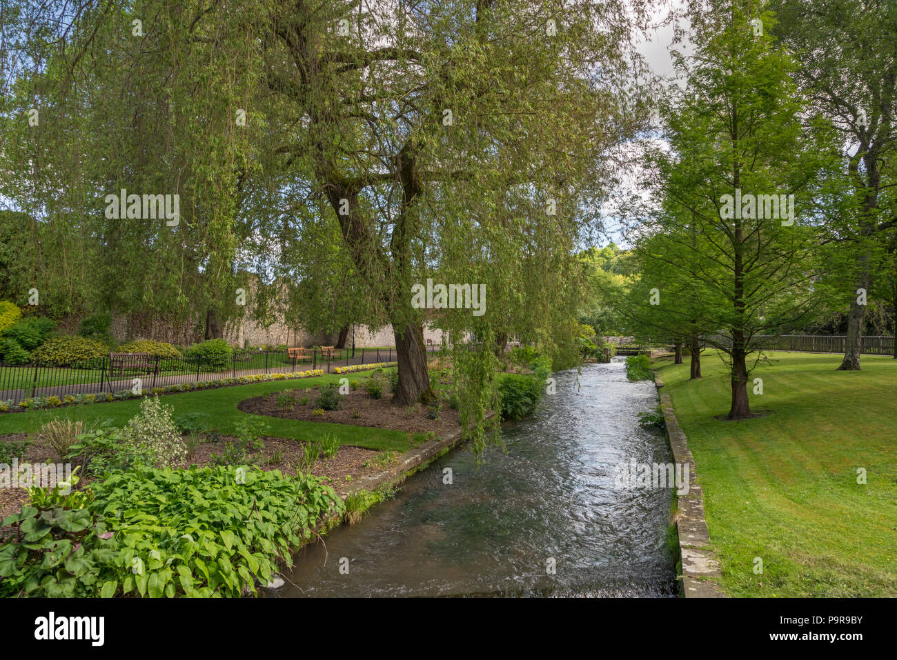 El Río Itchen mientras fluye a través de Winchester, Hampshire, Inglaterra, en una zona conocida como los aliviaderos. A la izquierda es parte de la antigua muralla de la ciudad. Foto de stock