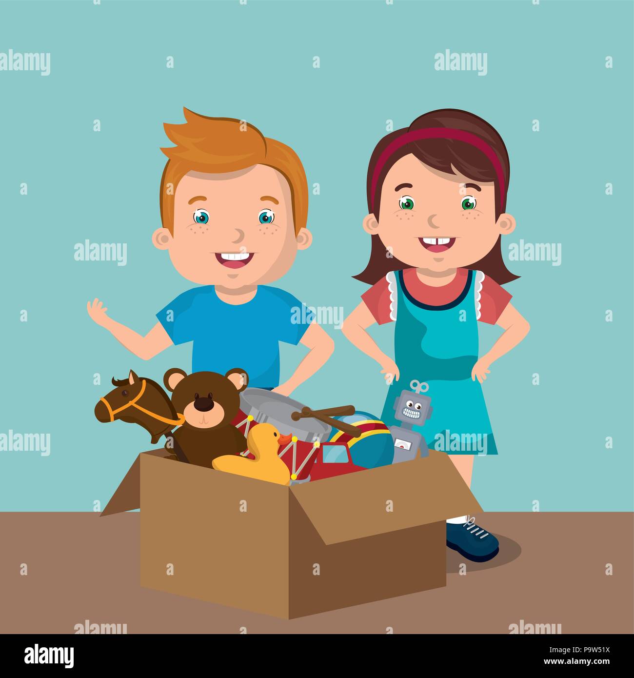 Niño y niña jugando con juguetes personajes diseño ilustración vectorial  Imagen Vector de stock - Alamy