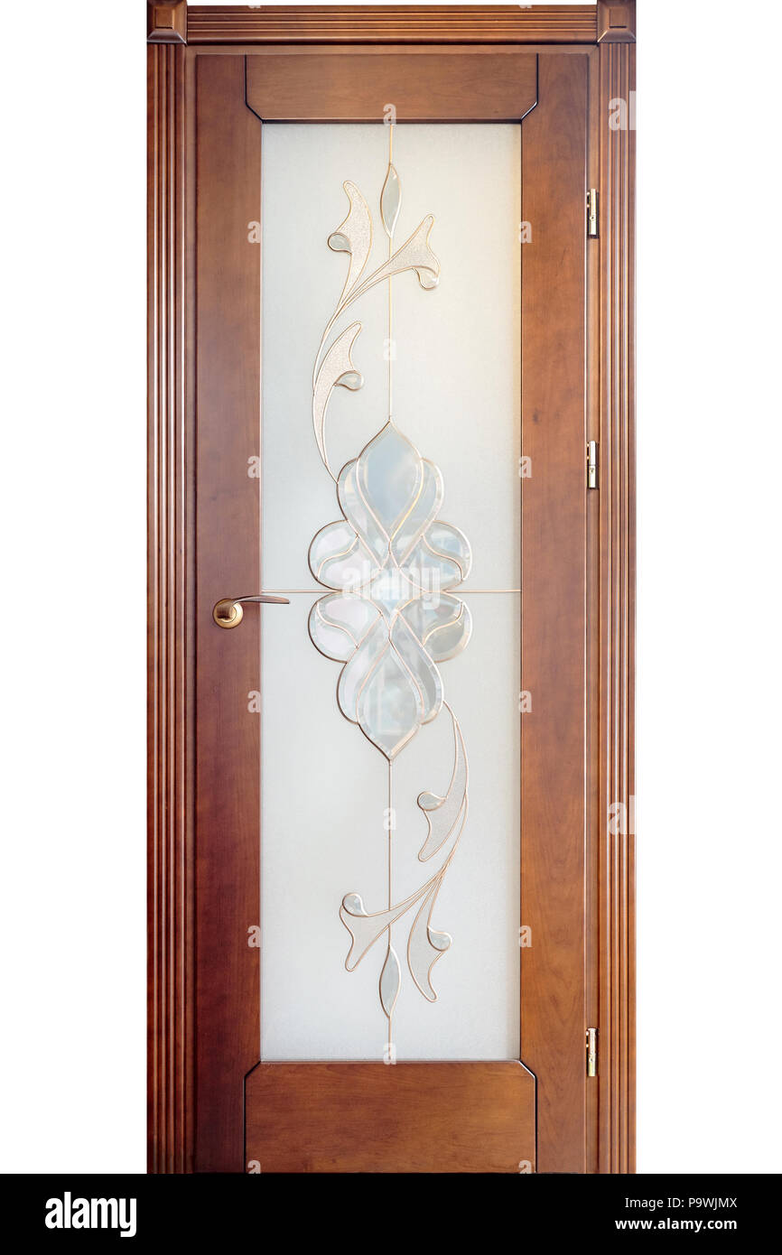 Puertas interiores de madera de cerezo con empuñadura de latón y recuadros  de cristal esmerilado con flor de adorno aislado sobre fondo blanco  Fotografía de stock - Alamy