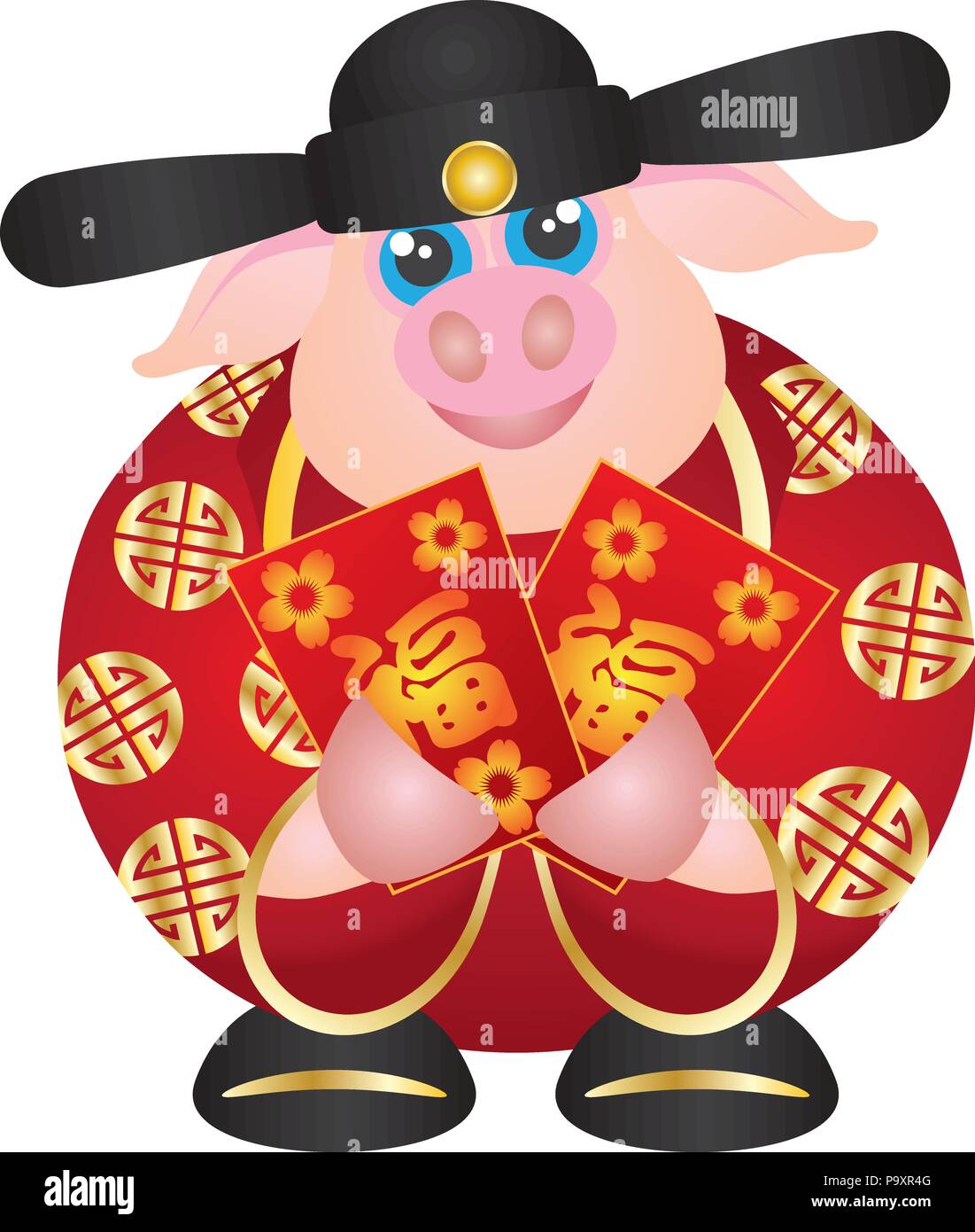 2019 Feliz Año Nuevo Lunar chino del cerdo prosperidad dios dinero manteniendo el dinero rojo Paquete con prosperidad Ilustración de texto sobre fondo blanco. Ilustración del Vector