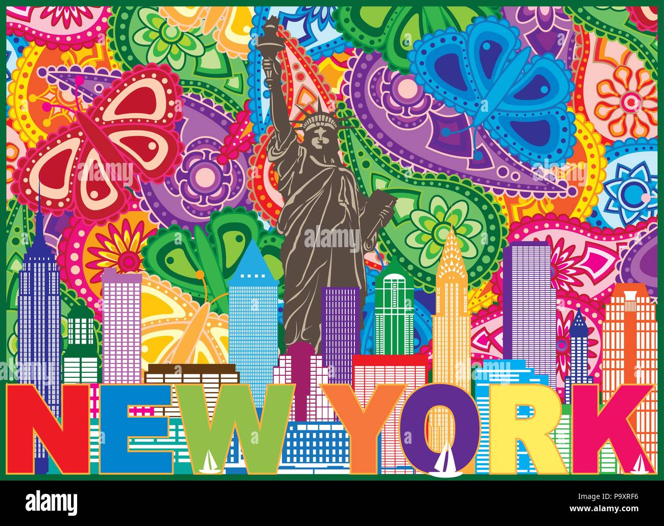 La Ciudad de Nueva York con la estatua de la libertad y los rayos del sol texto Patrón Paisley Ilustración esquema de color Ilustración del Vector