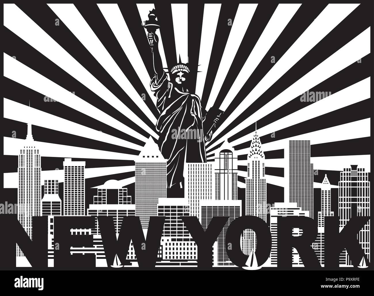 La Ciudad de Nueva York con la estatua de la libertad los rayos del sol y el texto en blanco y negro Ilustración Esquema Ilustración del Vector