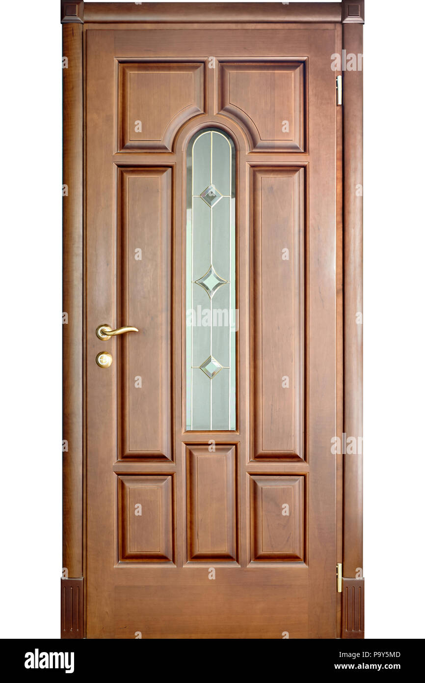Puerta de madera con empuñadura de latón y recuadros de cristal esmerilado  en el marco de la puerta aislado en blanco Fotografía de stock - Alamy
