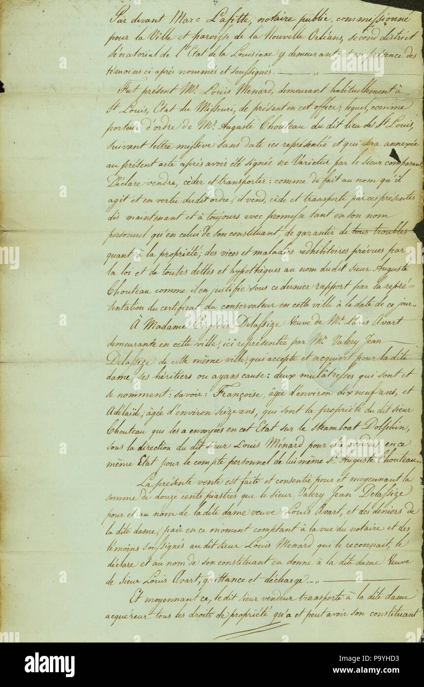582 Documento firmado M. Lafitte, notario público de la ciudad de Nueva Orleans, 20 de diciembre de 1822 Foto de stock