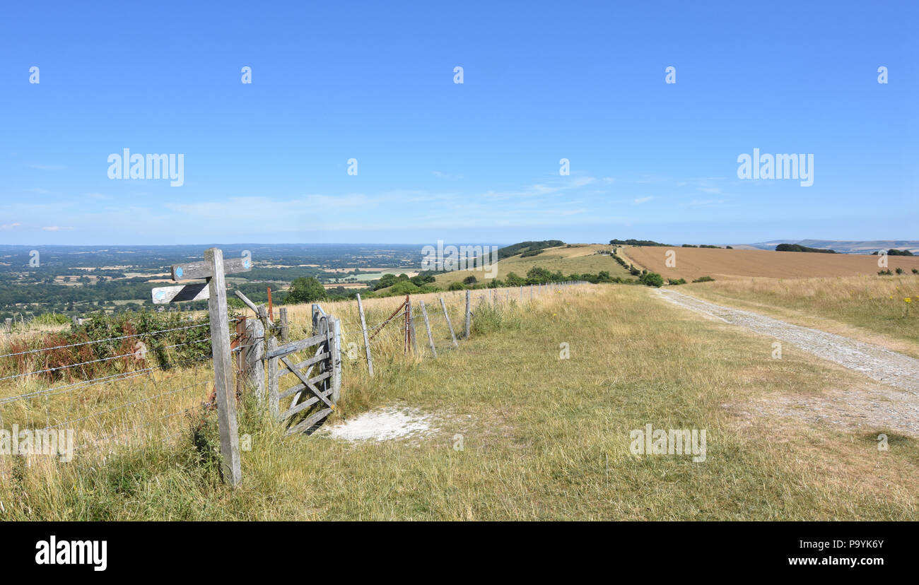 Paisaje mostrando waymarker post en South Downs Way, sendero de larga distancia en East Sussex, Reino Unido cerca Ditchling Beacon Foto de stock