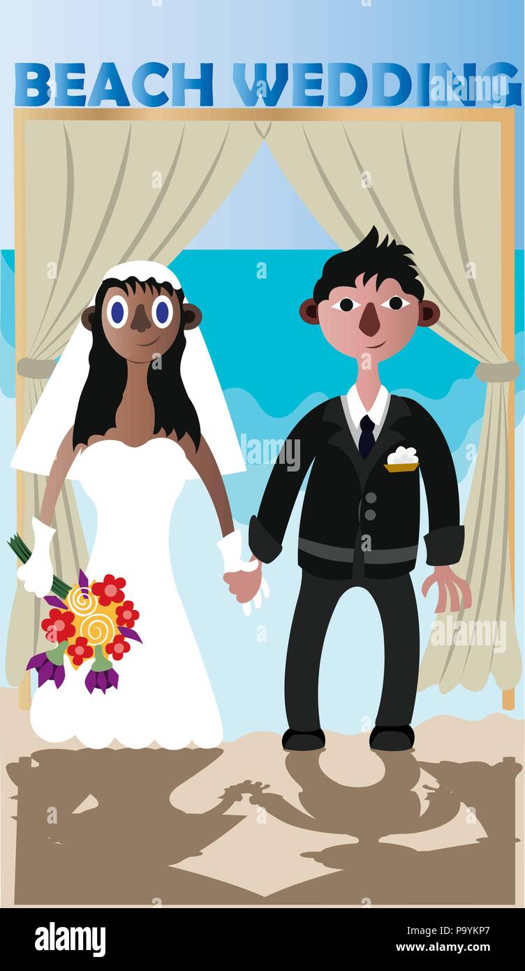 Parejas interraciales realizar su boda en la playa Ilustración del Vector