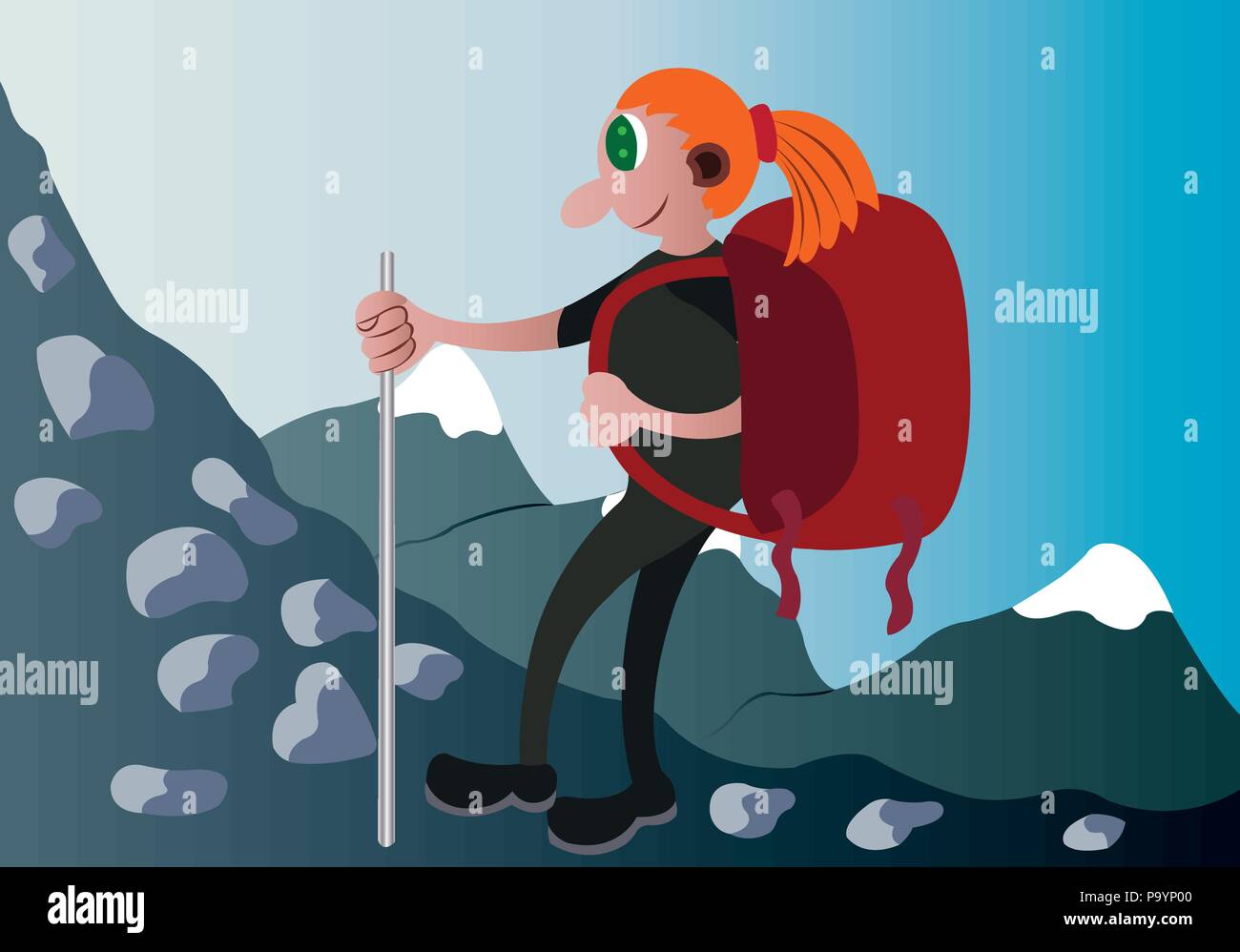 Un excursionista trekking en las montañas con su equipamiento Ilustración del Vector