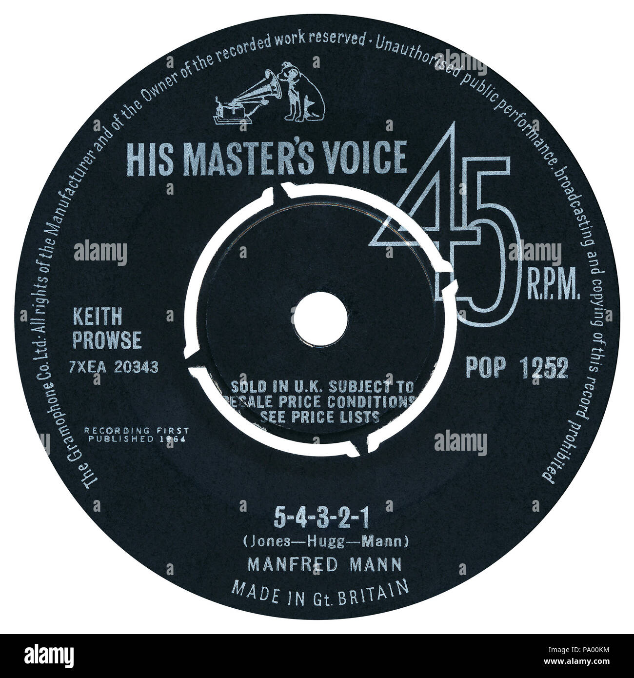 Reino Unido 45 rpm 7' solo de 5-4-3-2-1 por Manfred Mann en la etiqueta de la voz de su Amo desde 1964. Escrito por Paul Jones, Mike Hugg y Manfred Mann y producidos por John Burgess. Foto de stock