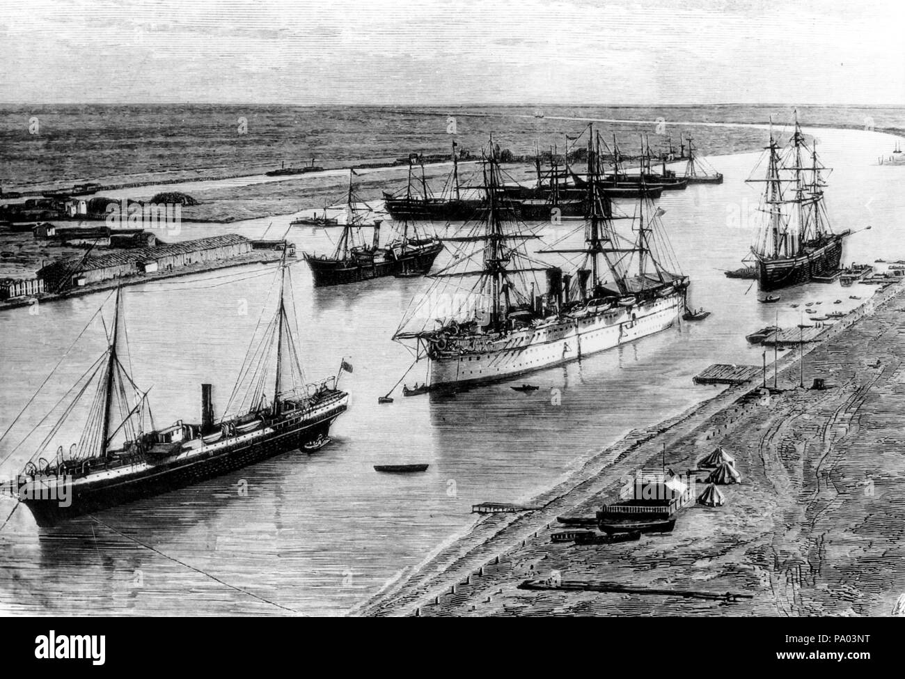 El canal de Suez en 1777, visto desde el dicho puerto Foto de stock