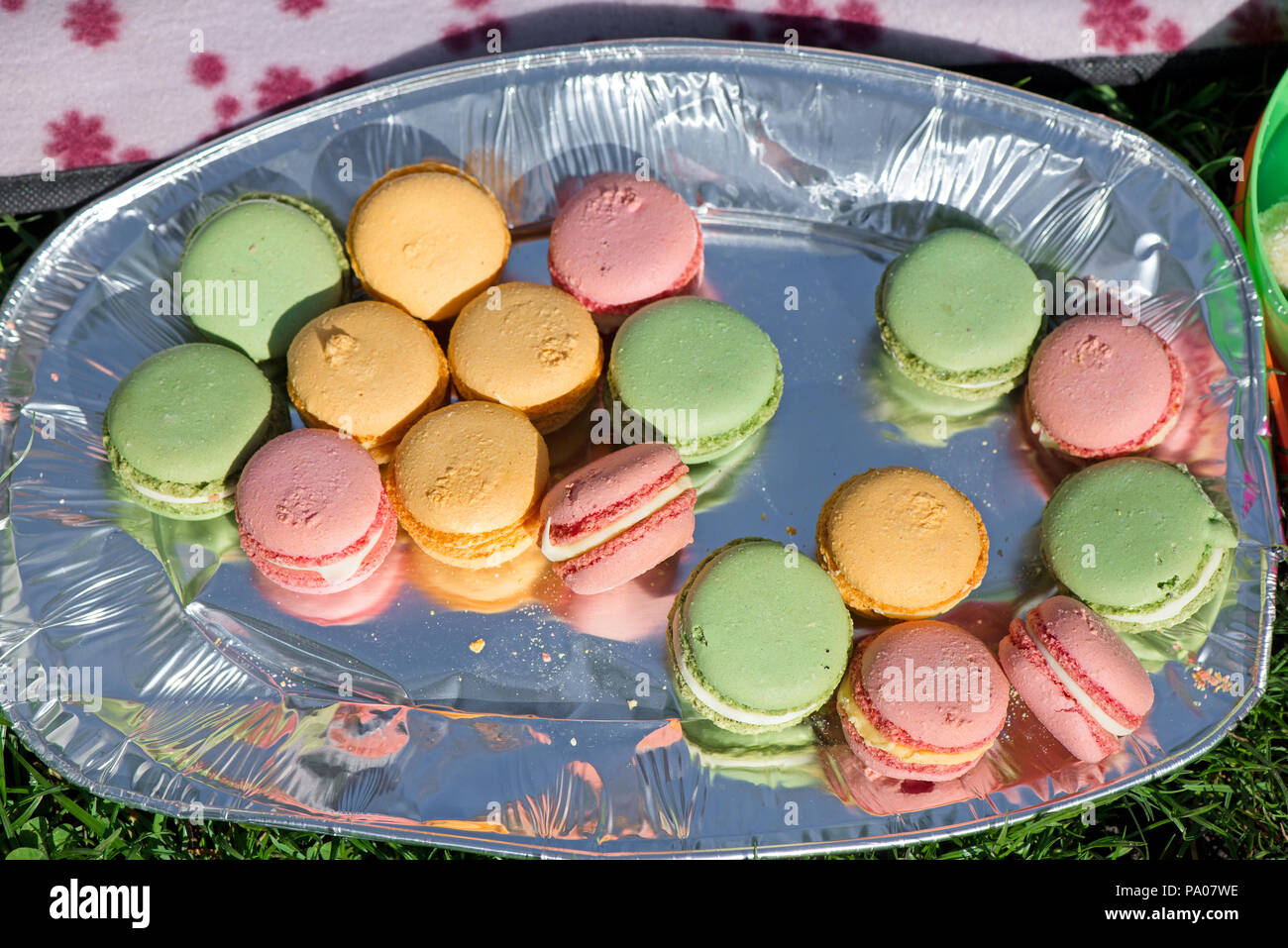 Pastel francés macaron o macaroon en picnic al aire libre. Coloridas  galletas hechas de harina de almendra en colores pastel Fotografía de stock  - Alamy