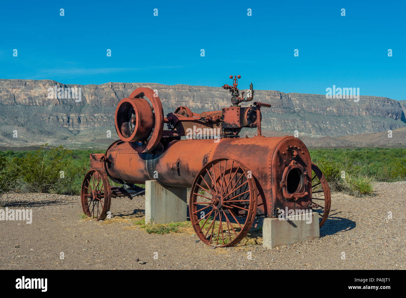 El cultivo de algodón el motor de vapor en Castolon distrito histórico en el Parque Nacional Big Bend en Texas Foto de stock