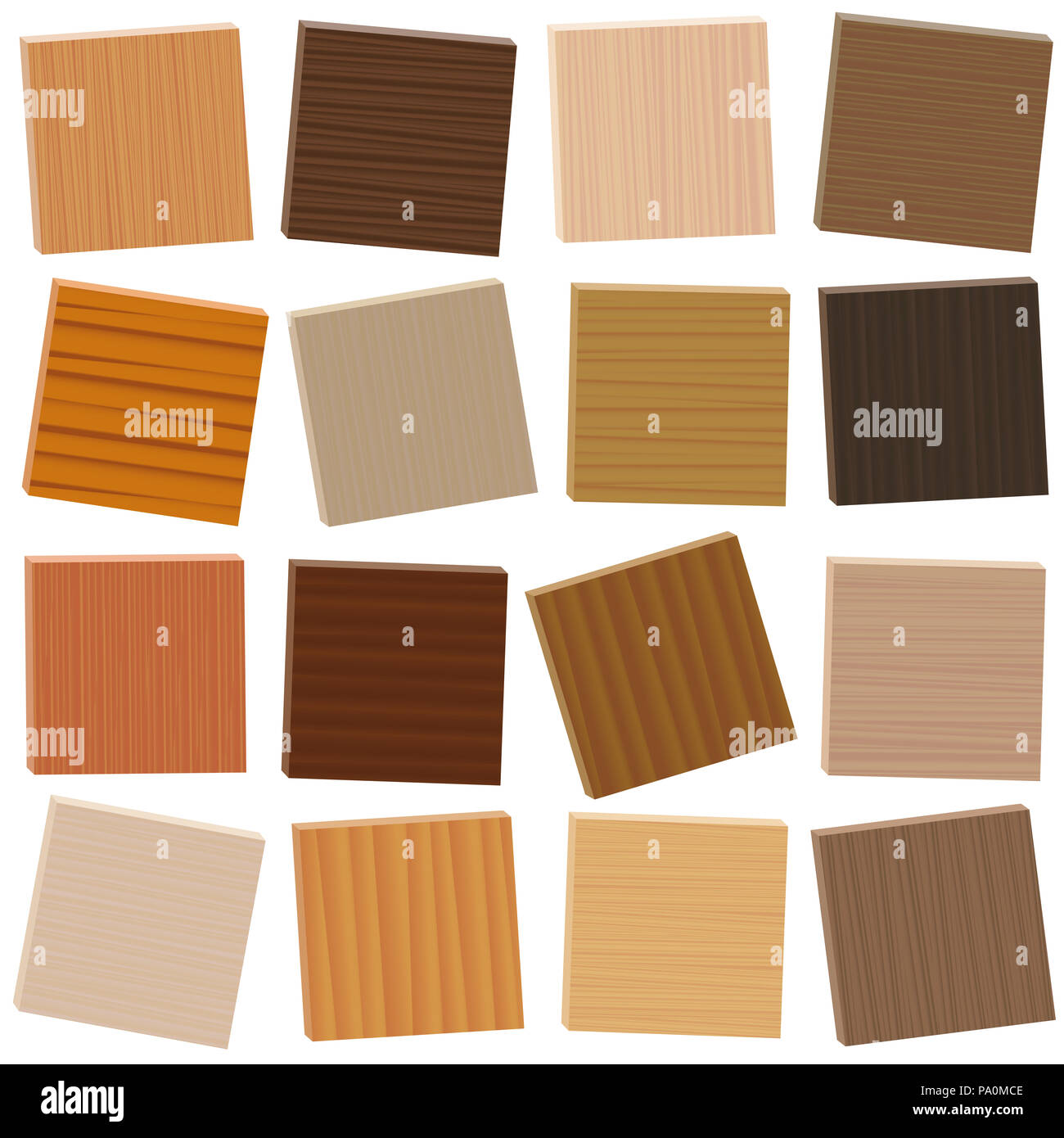 Las muestras de madera. Tipos parquetry Vagamente organizado. Placas de madera con diferentes colores, esmaltes, texturas de diversas especies de árboles para elegir. Foto de stock