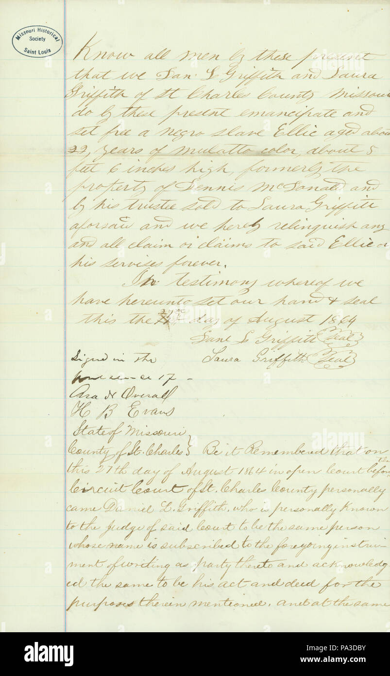 617 La emancipación certificado para Ellie, veintidós años de edad, en el estado de Missouri, en el condado de Saint Charles, 27 de agosto de 1864 Foto de stock