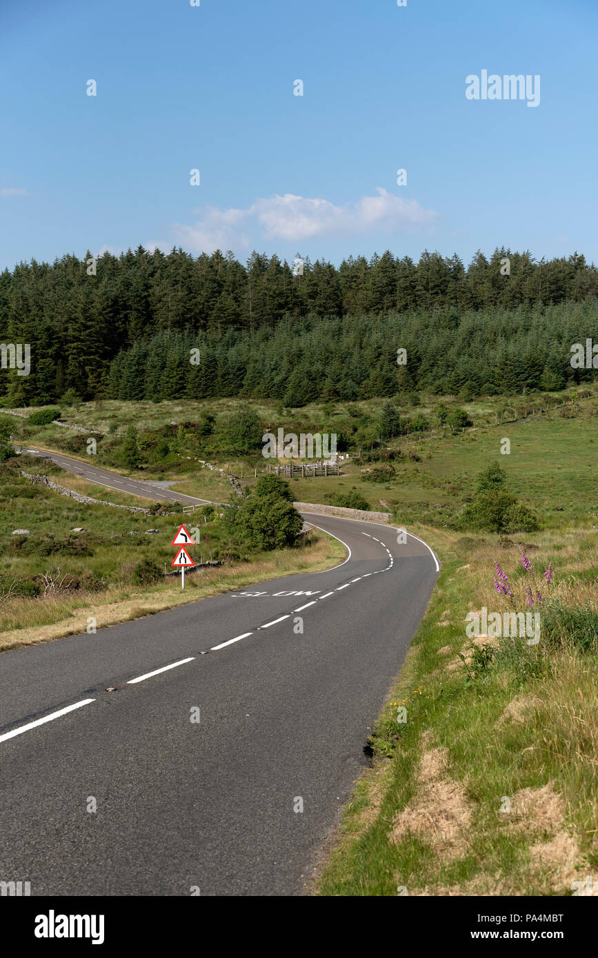 Abrir camino cerca de dos puentes en el parque nacional de Dartmoor, Devon, Inglaterra, Reino Unido. Foto de stock