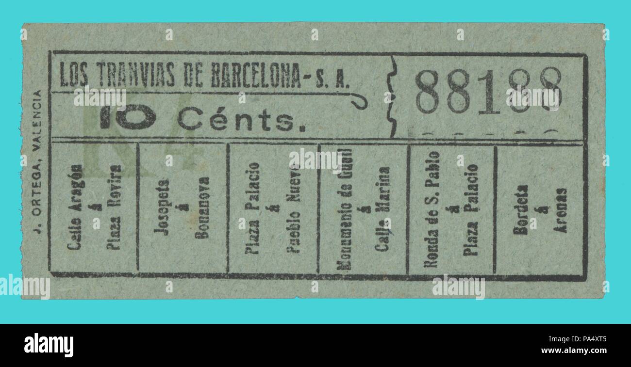 Barcelona. Transporte pùblico. Billete número 88188 de los Tranvías de Barcelona S.A. Jahr 1910. Foto de stock