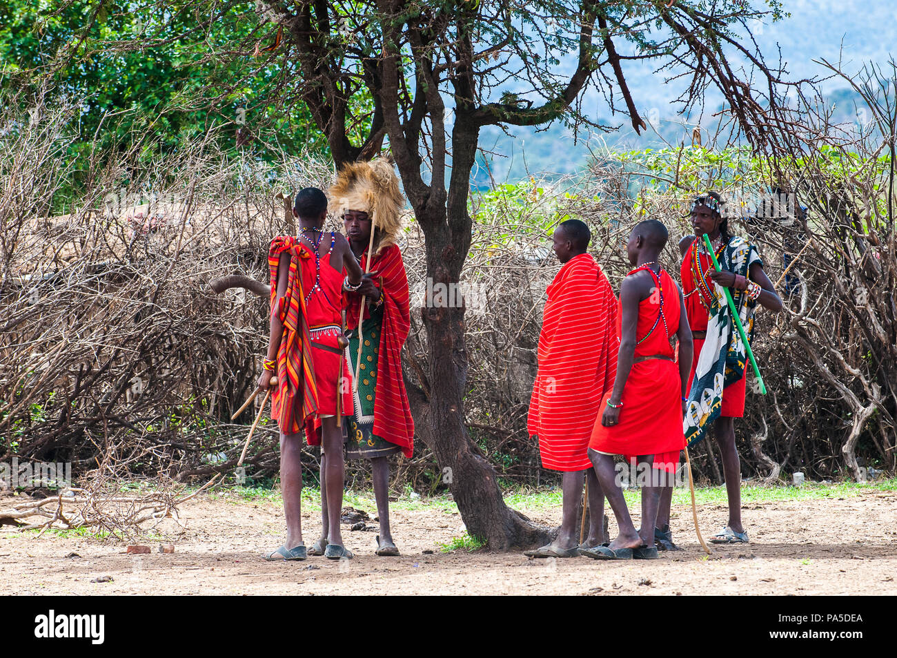 AMBOSELI, Kenia - Octubre 10, 2009: Massai personas no identificadas con palos de madera hablando de algo en Kenia, 10 Oct, 2009. Las personas son un Massai Foto de stock
