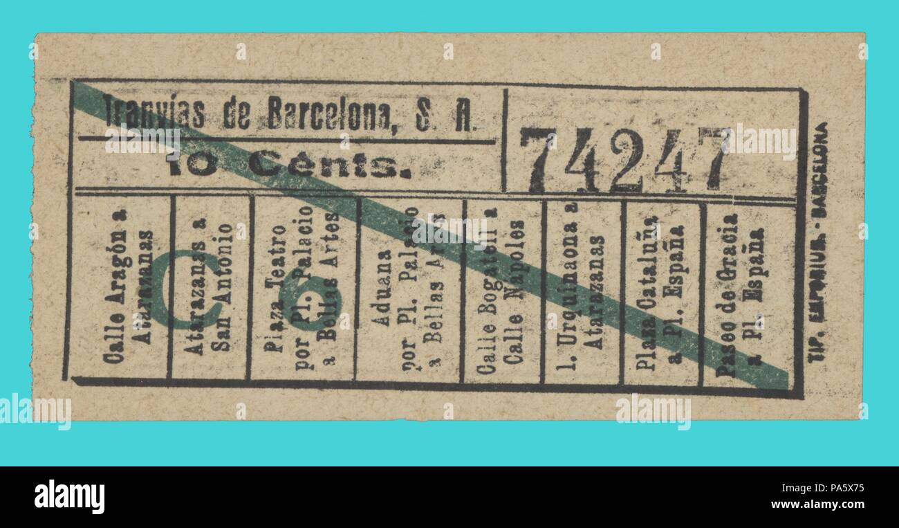 Barcelona. Transporte pùblico. Billete número 74247 de tranvías de Barcelona S.A. Jahr 1910. Foto de stock