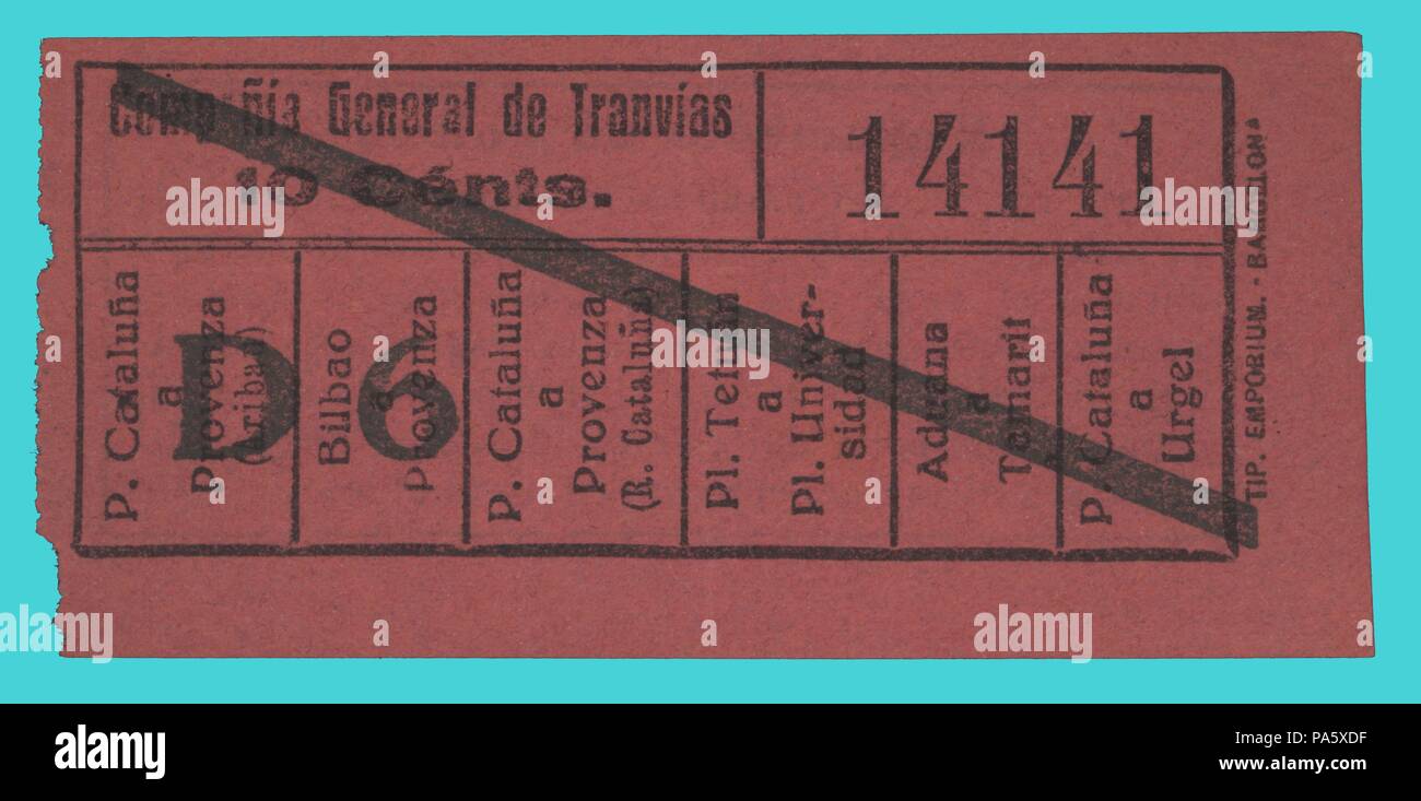 Barcelona. Transporte pùblico. Billete número 14141 de la Compañía General de tranvías. Años 1910. Foto de stock