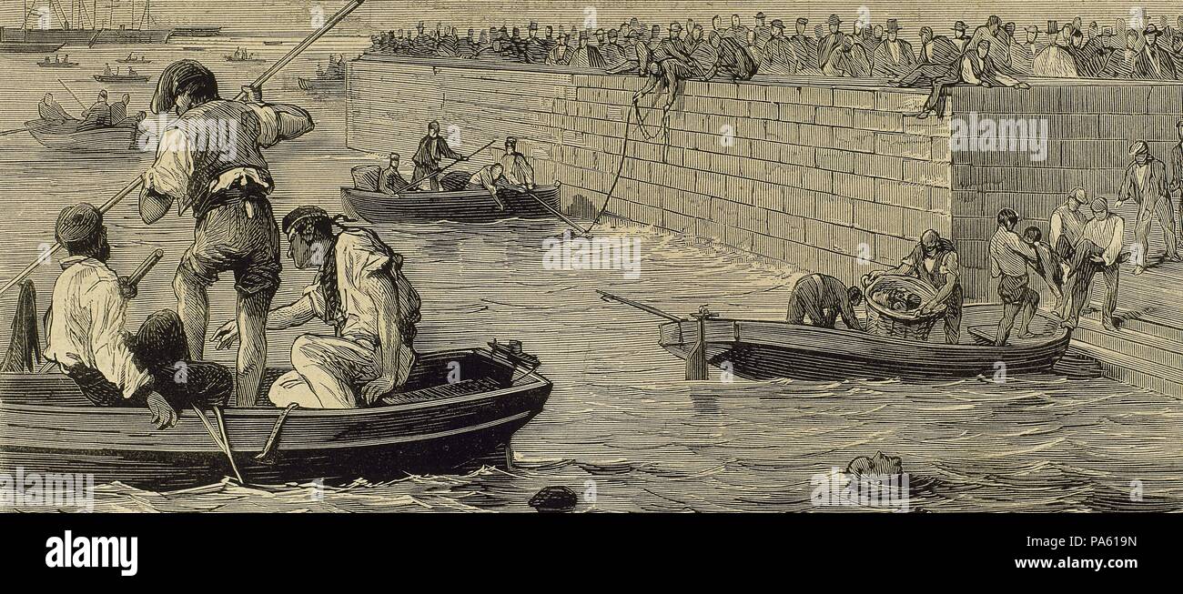 Marineros y hombres del pueblo espontáneamente prestando auxilio a las víctimas de la explosión del vapor "Express", en el puerto de Barcelona el día 17 de agosto de 1875, a causa del incendio en las municiones que se cargaban con destino al sitio de la Seo. Fué uno de los primeros vapores de la matrícula de Barcelona. Cataluña. Grabado por Rico, la Ilustración española y americana, 1875. Foto de stock