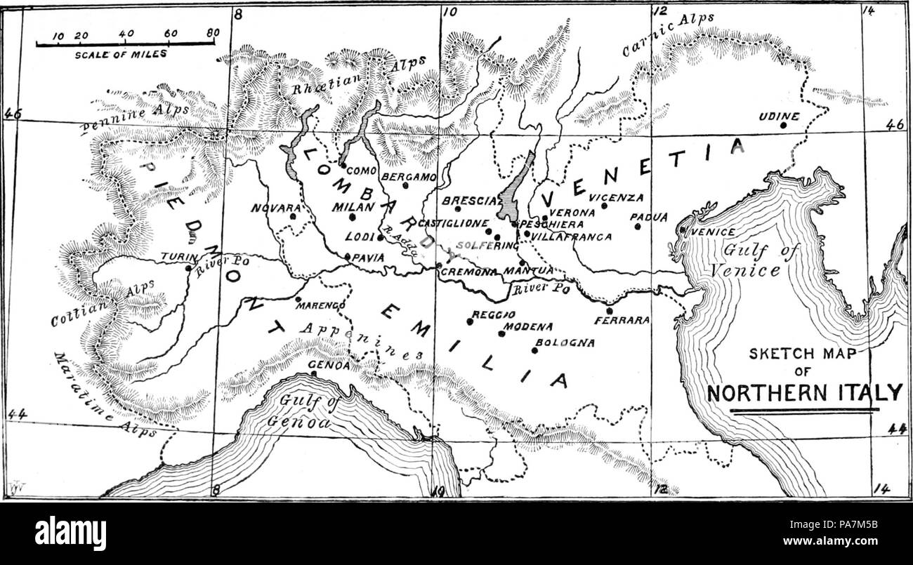 377 batallas decisivas desde Waterloo-Sketch Mapa del norte de Italia Foto de stock