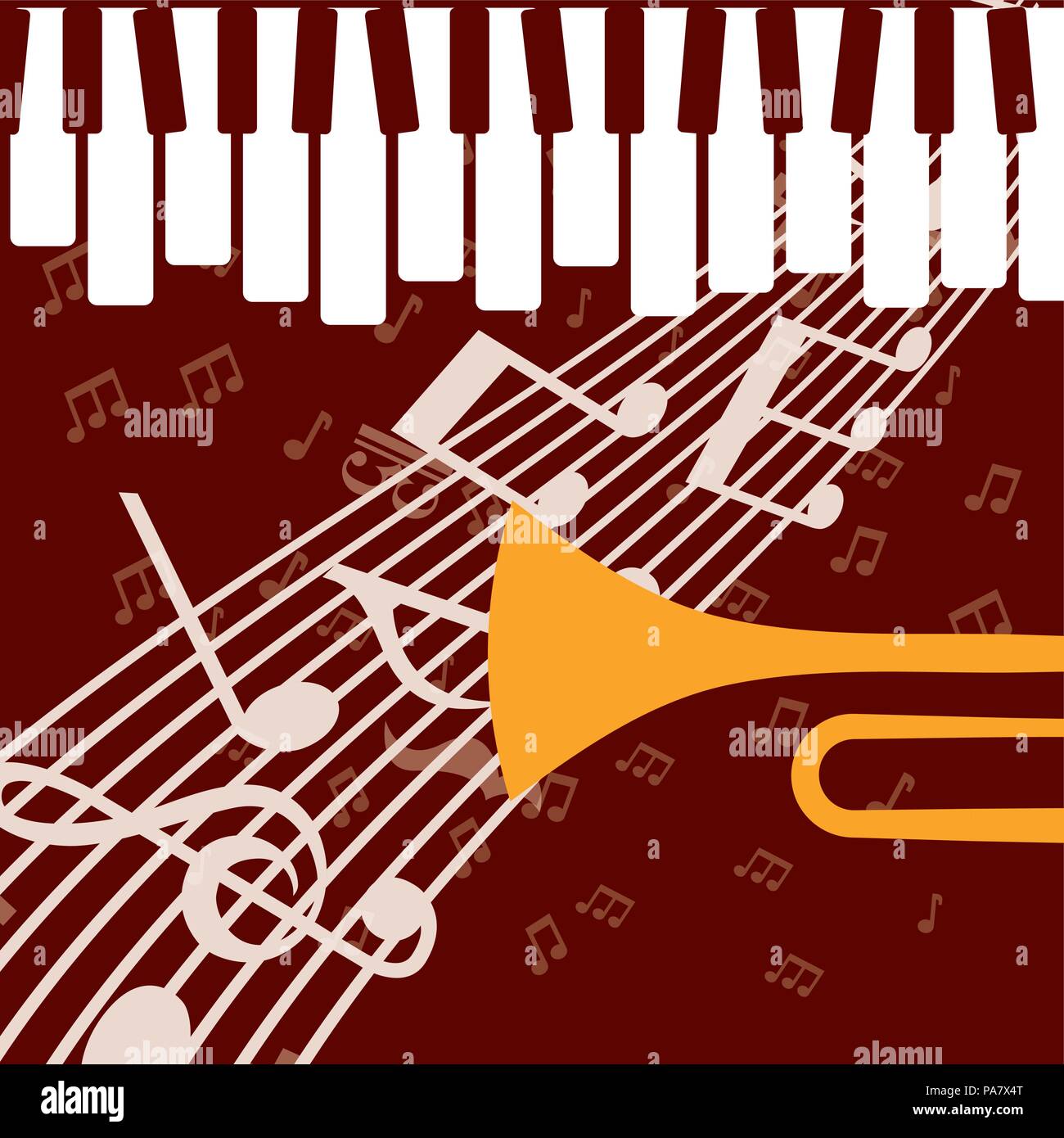 Teclas del piano jazz festival de música de fondo notas de trompeta  ilustración vectorial Imagen Vector de stock - Alamy