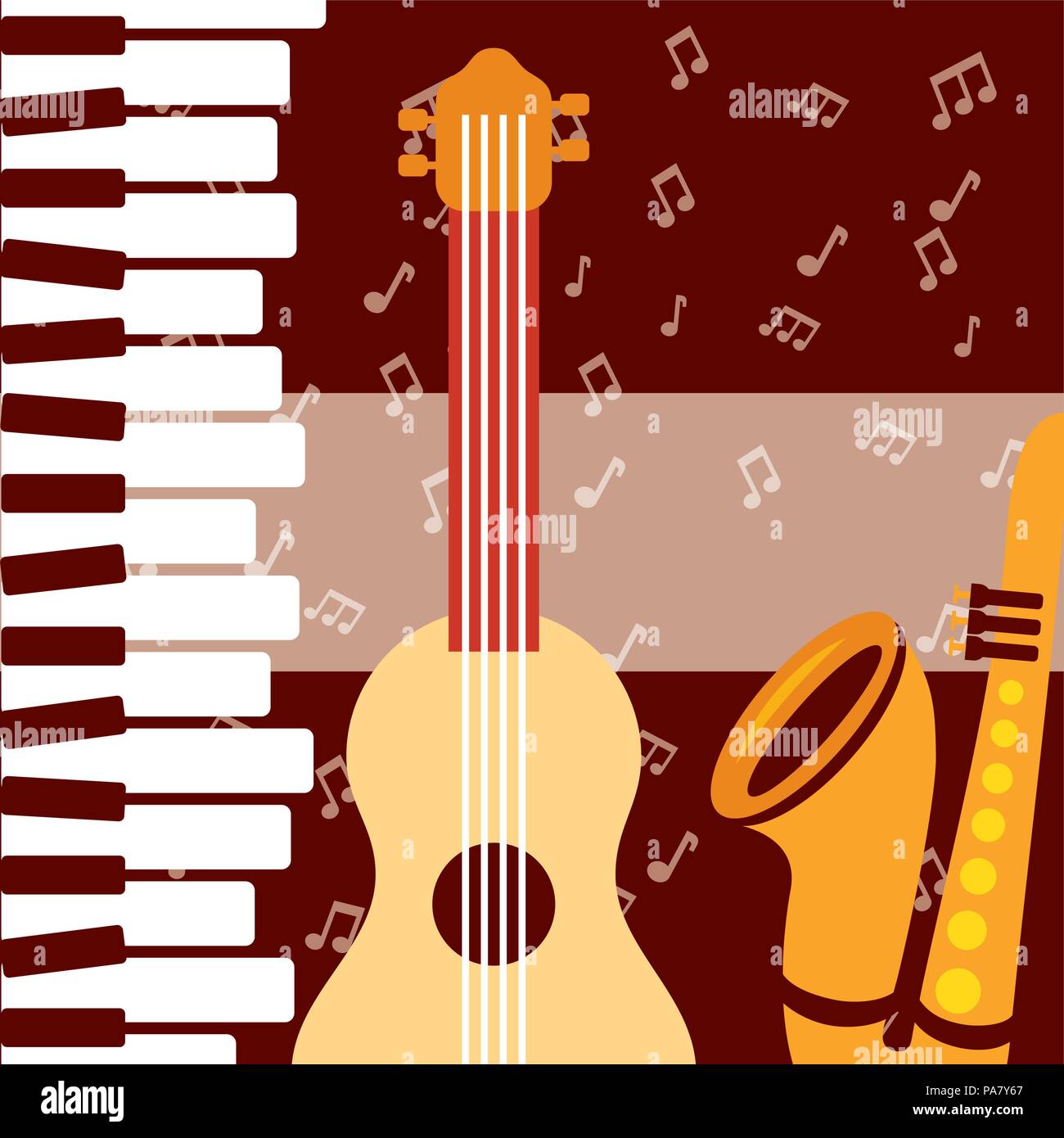 Festival de jazz instrumentos claves de Piano Saxofón guitarra notas musicales ilustración