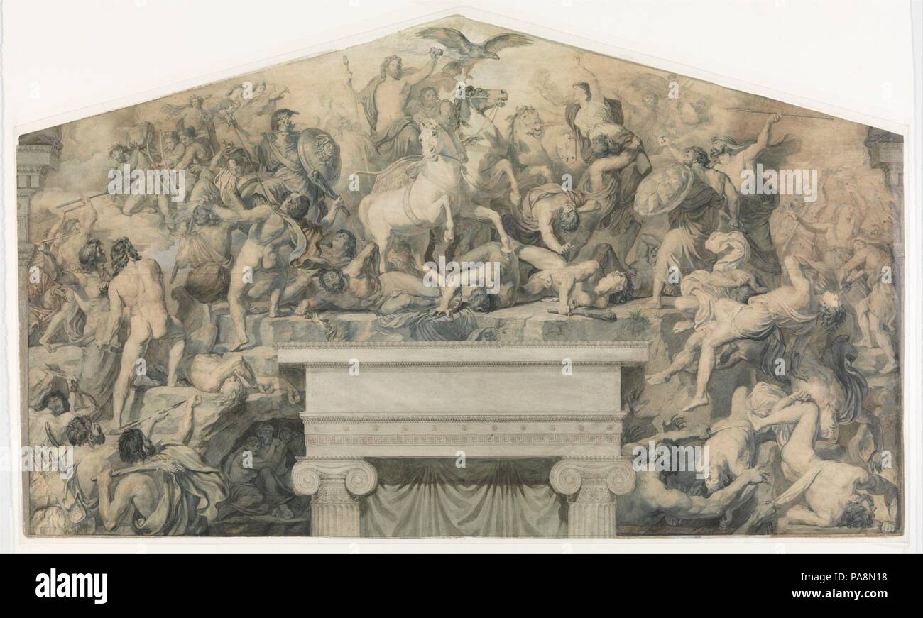 Diseño de un mural con la batalla entre los dioses del Olimpo y los Gigantes. Artista: Paul Chenavard (francés, París París, 1808-1895). Dimensiones: Hoja: 25 × 42 11/16. (63,5 x 108,5 cm). Fecha: ca. 1840-80. Gran diseño, probablemente un dibujo de presentación, que consta de cuatro hojas. Los detalles arquitectónicos están pintados en hojas separadas y se pegan en la parte superior. El dibujo muestra un diseño para un monumental mural representando una batalla entre los dioses del Olimpo y los Gigantes. En línea con Chenavard otras obras esta es probablemente una representación alegórica de un tema filosófico, más profundo. El composit Foto de stock