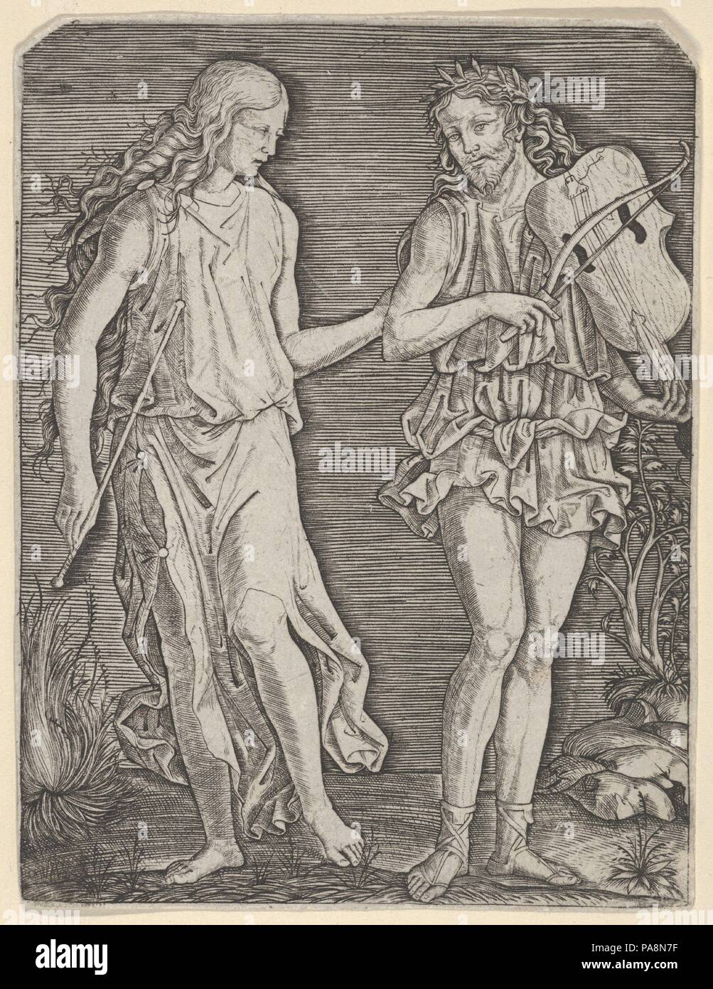 Orfeo y Eurídice. Artista: Marcantonio Raimondi (Italiano, Argini (?) ca. 1480-antes de 1534 Bolonia (?); después? Francesco Francia (Italiano, Bolonia ca. Bolonia, 1447-1517). Dimensiones: 5 1/16 x 3 7/8 pulg. (12,9 x 9.8cm). Fecha: ca. 1500-1506. Marcantonio representa el afamado músico Orfeo (hijo de Apolo y la Musa Calliope) y su amada Eurídice, quien en el día de su boda había sido fatalmente mordido por una serpiente. El inconsolable novio descendió al Hades, la tierra de los muertos, donde su canto y lira tan encantado de Plutón y Proserpina que estaba autorizado a llevar Eurydice fuera del inframundo. La mo Foto de stock