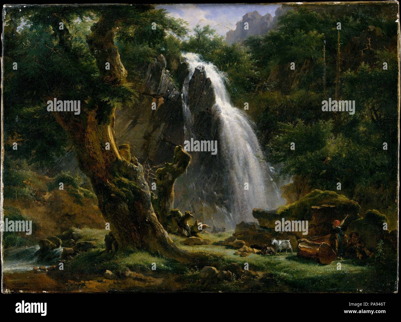 Cascada de Mont-Dore. Artista: Achille-Etna Michallon (francés, París  París, 1796-1822). Dimensiones: 16 1/4 x 22 1/8 pulg. (41,3 x 56,2 cm).  Fecha: 1818. Esta pintura muestra una cascada en la región de