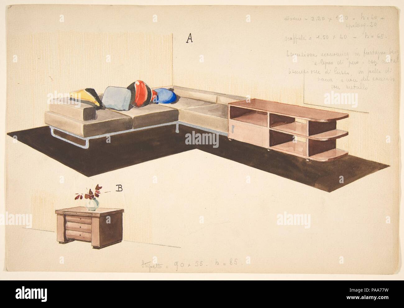 Divano, seoffale, e stipetto [Perspectiva del sofá en forma de L y unidad de almacenamiento]. Artista: Guglielmo Ulrich (Italiano, 1904-1977). Dimensiones: Hoja: 11 1/8 × 7 9/16 in. (28,2 × 19,2 cm). Fecha: 1933. Guglielmo Ulrich se graduó en el Istituto Superiore Politechnico en 1927. Tres años más tarde, él co-fundó la empresa de muebles ARCA, corto para Arredamento Casa (Muebles), de los cuales él era el diseñador. Ulrich's los primeros diseños están en un elegante y altamente terminado de estilo Art Deco, que fue muy popular entre la alta sociedad de Milán. Ulrich fue elogiado por su capacidad para combinar la functiona Foto de stock