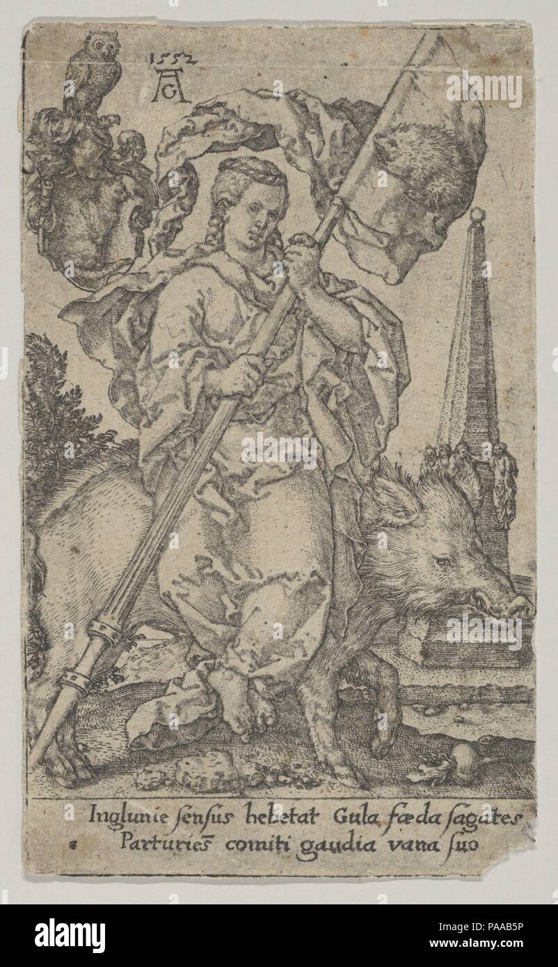 La gula, el de los vicios. Artista: Heinrich Aldegrever (alemán, Paderborn ca. 1502-1555/1561 Soest). Dimensiones: Hoja: 4 1/8" x 2 1/2". (10,4 × 6,3 cm). Fecha: 1552. Museo: Museo Metropolitano de Arte, Nueva York, Estados Unidos. Foto de stock