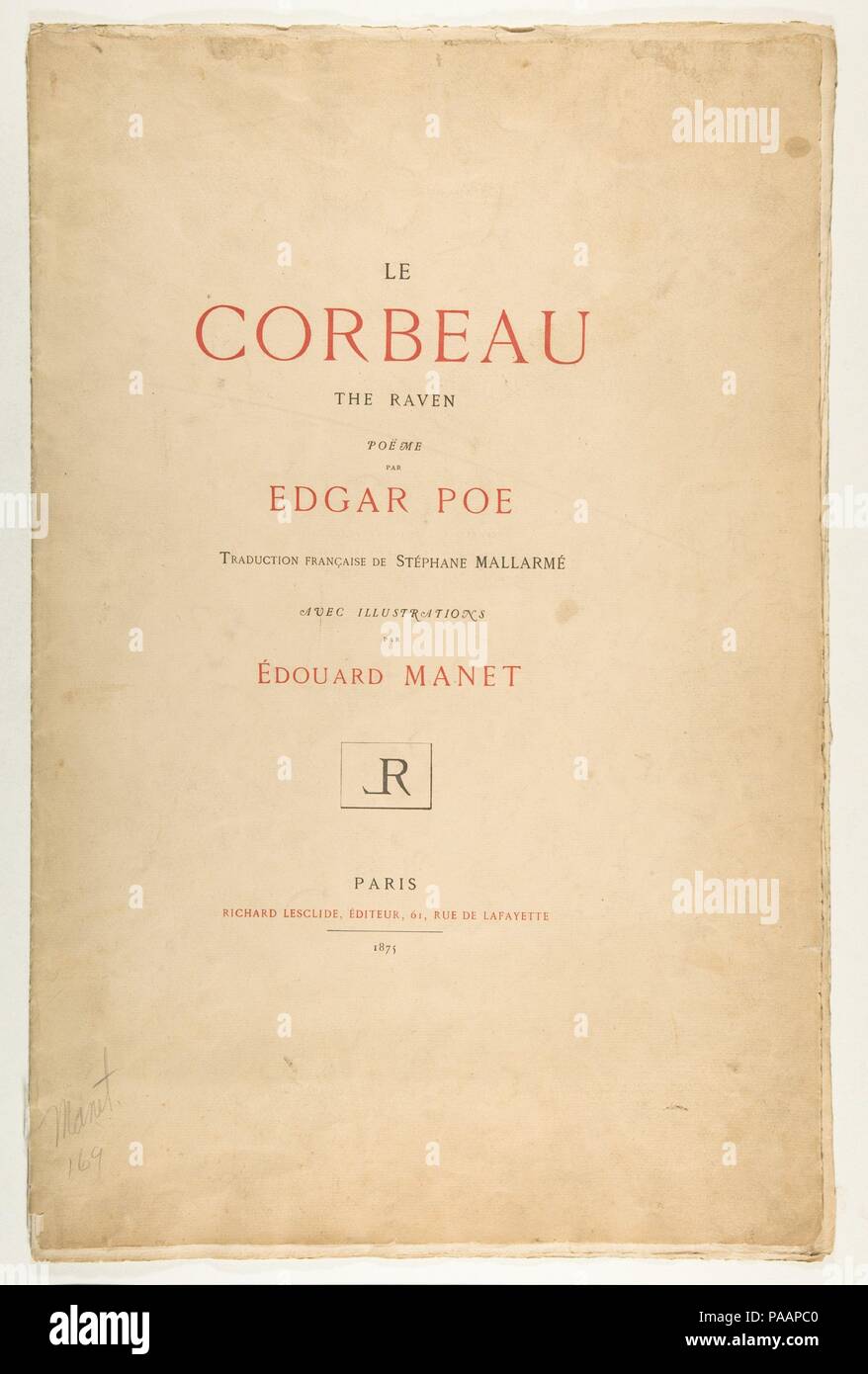 Cubierta de la cartera y el texto para el cuervo de Edgar Allan Poe.  Artista: Édouard Manet (francés, París París 1832-1883). Autor: Escrito por  Edgar Allan Poe (American, Boston, Massachusetts, 1809-1849) en