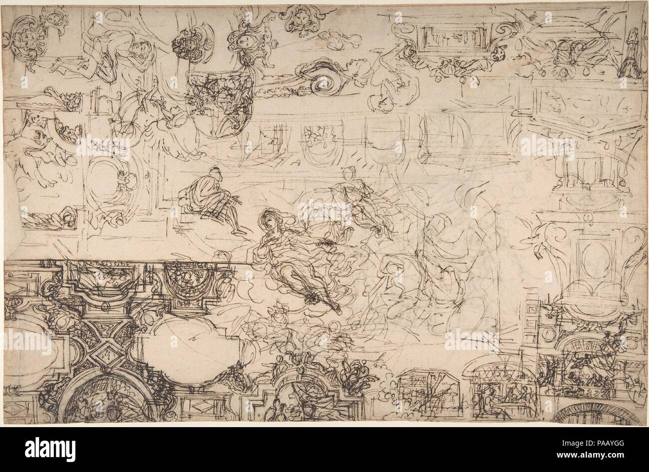 Estudios para un Techo (anverso y reverso). Artista: Michel Corneille el Joven (francés, París París 1642-1708). Dimensiones: 11 x 17 3/8 a 5/16. (28,8 x 44,1 cm). Ex Atribución: antes atribuidas a Pietro da Cortona (Pietro Berrettini) (italiano, Cortona 1596-1669 Roma). Fecha: n.d.. Esta hoja de bocetos energética ha sido atribuida al pintor del siglo XVII francés Michel Corneille el Joven, un exitoso y prolífico decorador de residencias reales. El artista estudió en Italia y entrenados bajo Pierre Mignard (Francés, 1613-1676) y Charles Le Brun (Francés, 1619-1690). Maíz Foto de stock