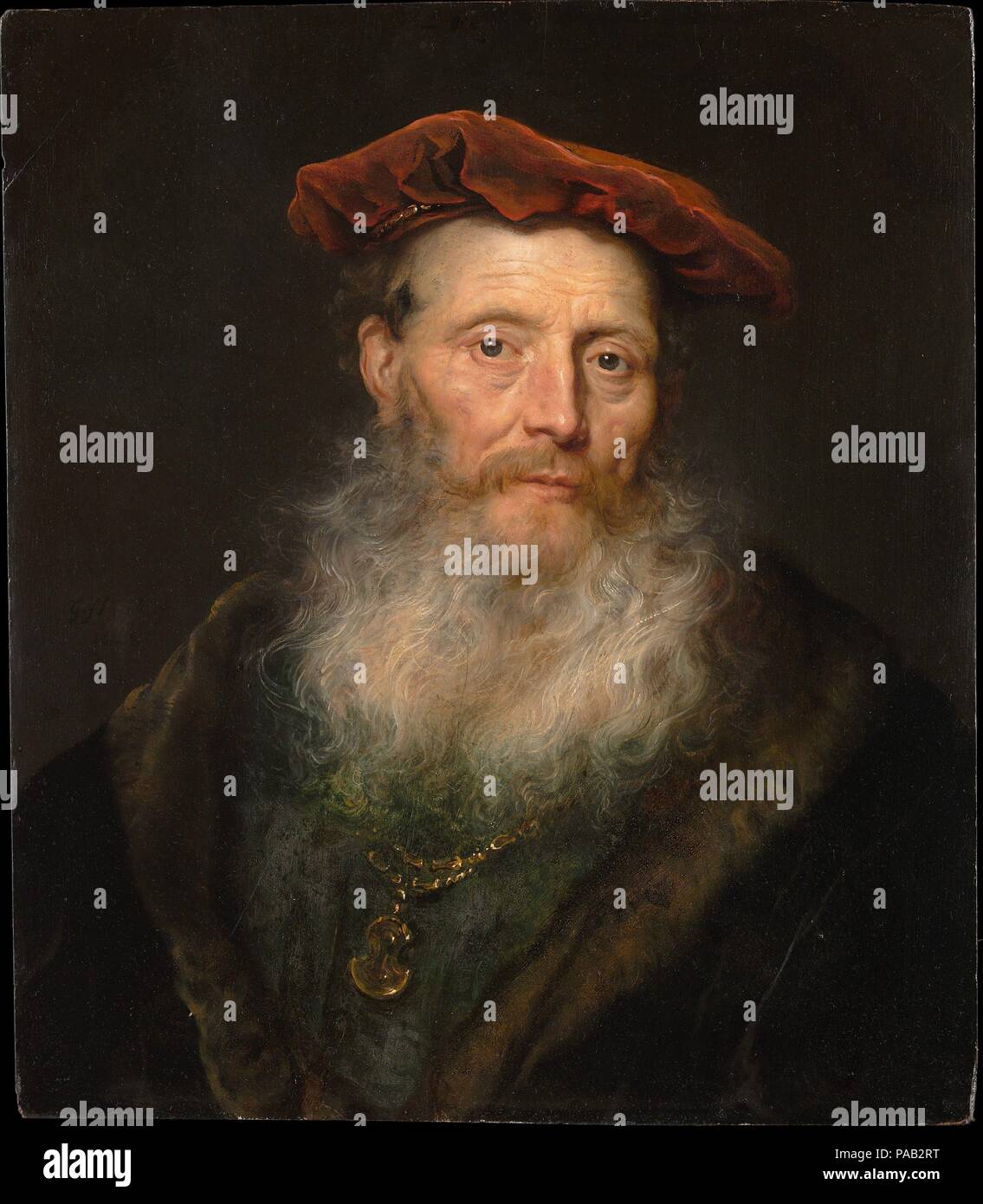 Hombre Barbado con una tapa de terciopelo. Artista: Govert Flinck (Holandés, Cleve 1615-1660 Amsterdam). Dimensiones: 23 3/4 x 20 5/8 pulg. (60,3 x 52,4 cm). Fecha: 1645. Sin duda un modelo en vivo sirvió para este valiente personaje en traje romántico y un pulido brillante barba. La imagen es una <i>tronie</i> (es decir, cara o expresión), en la que tanto el sujeto y la técnica, pretendían apelar a los amantes del arte. Flinck pintó este cuadro sobre su propio acabado retrato de una mujer formal, ahorrando así el panel de madera de una comisión que de alguna manera se han esfumado. Museo: Museo Metropolitano de Arte, Nueva York, Estados Unidos. Foto de stock