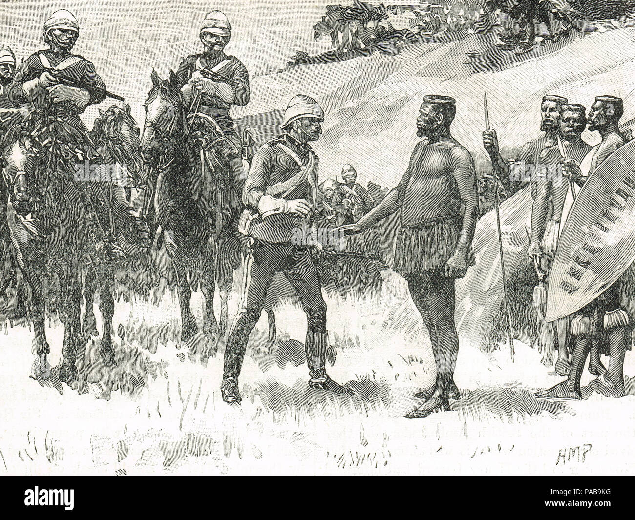 Entrega de Cetshwayo kaMpande, 29 de agosto de 1880, el rey del reino zulú de 1873 a 1879, capturado por los soldados bajo el mando del Wolseley en un kraal en el bosque Ngome Foto de stock