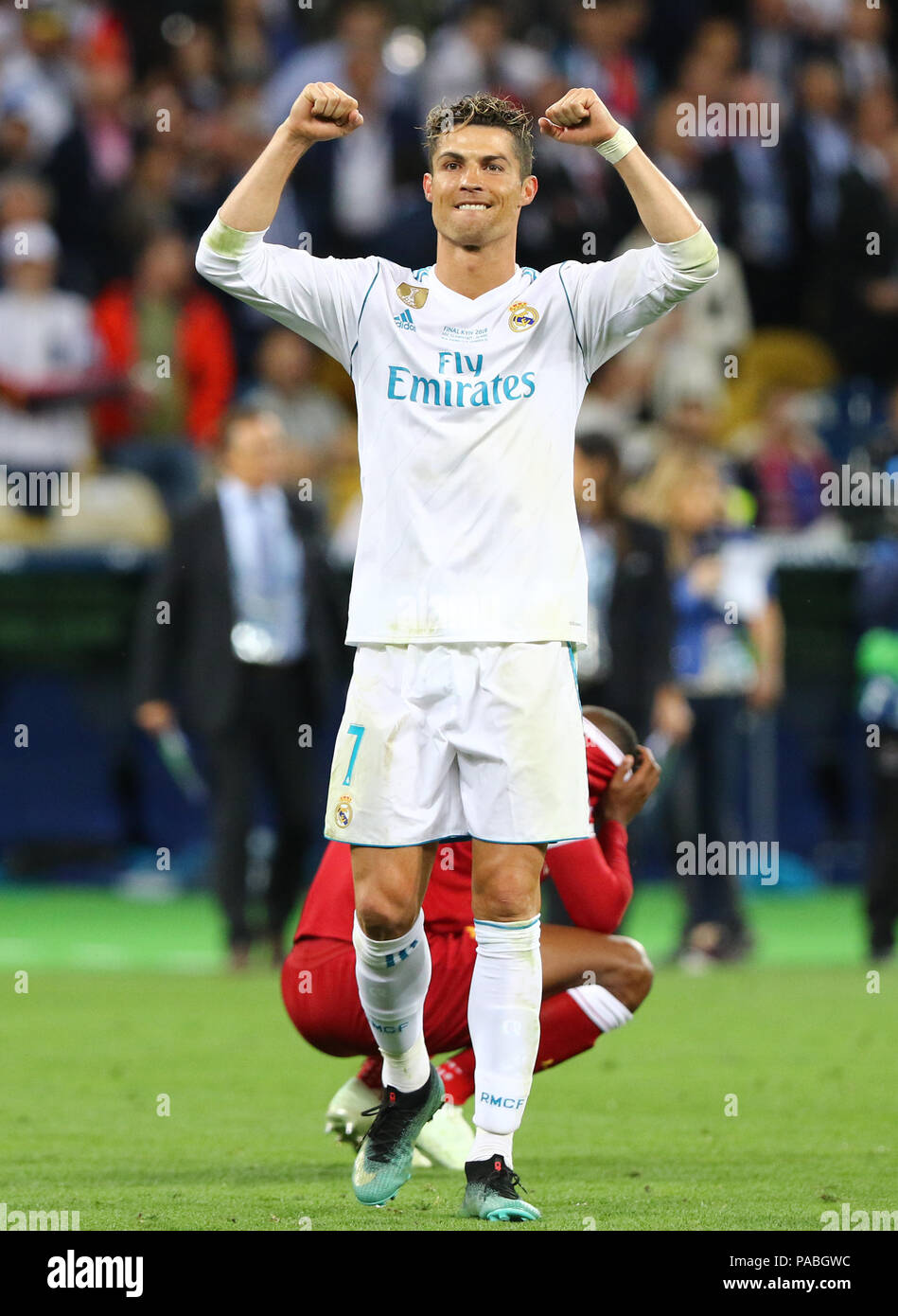 Kiev, Ucrania - 26 de mayo de 2018: Cristiano Ronaldo del Real Madrid  reacciona después de ganar