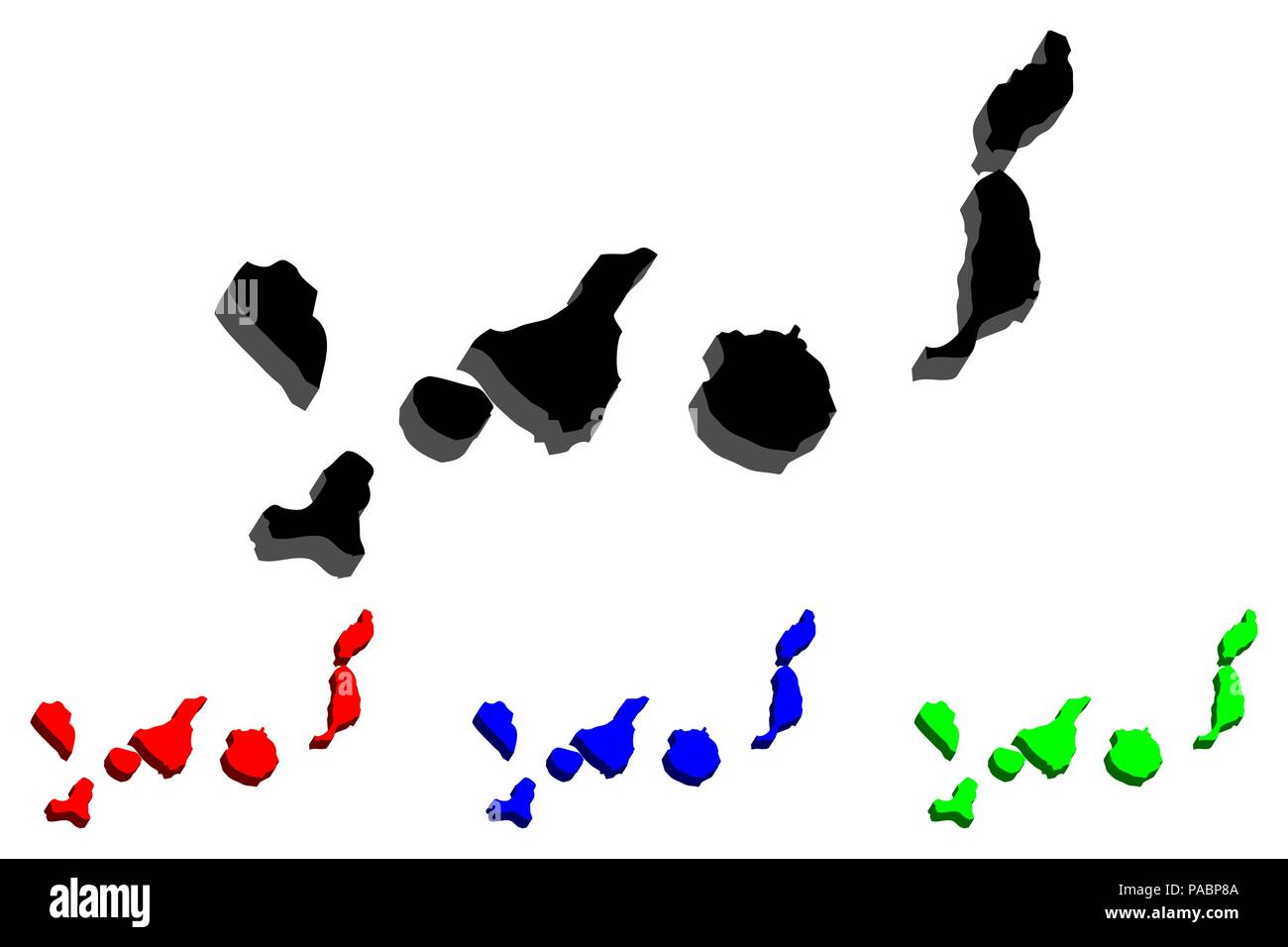Mapa 3D de Canarias (Islas Canarias) - negro, rojo, azul y verde - ilustración vectorial Ilustración del Vector