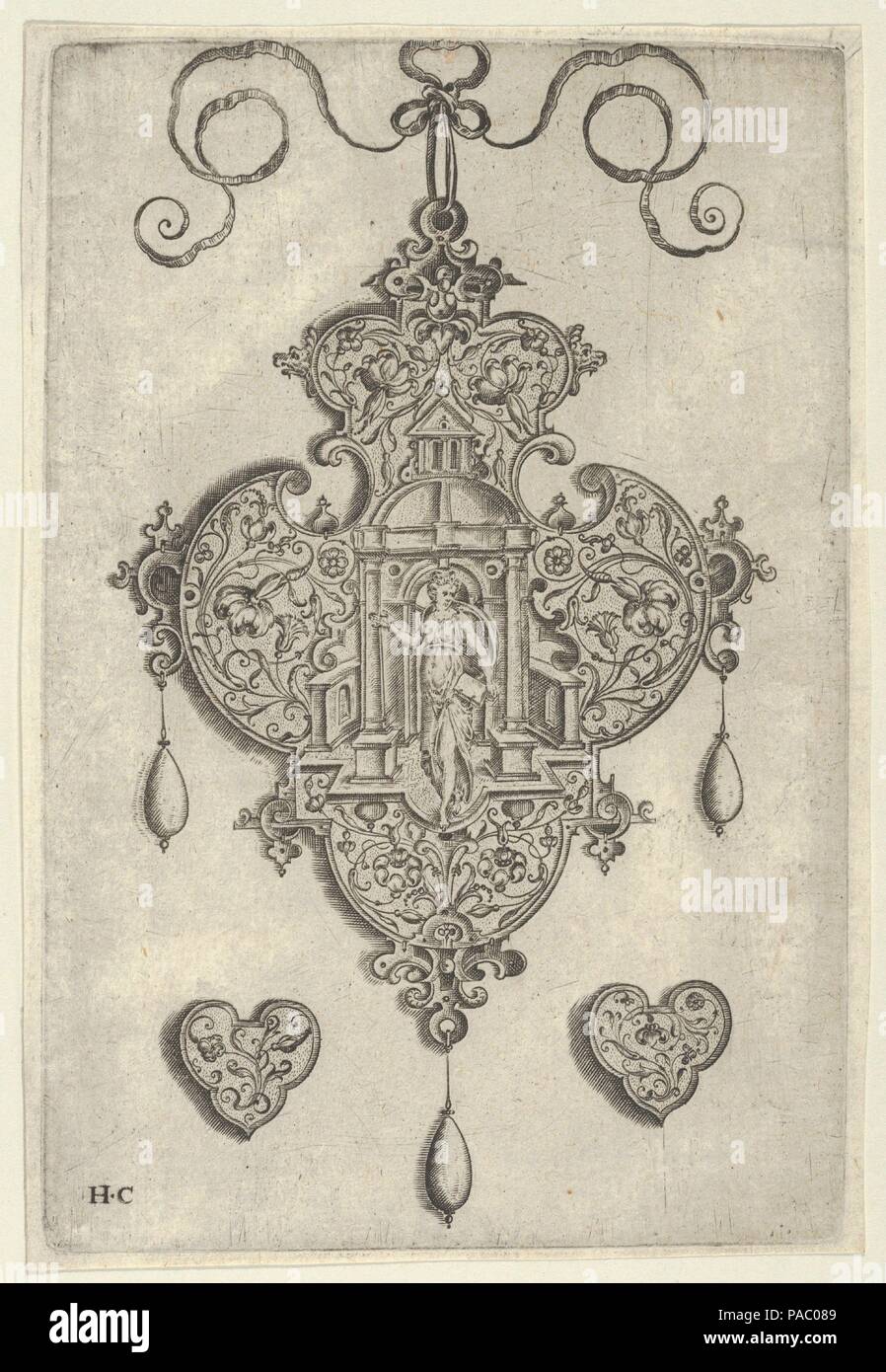 Diseño colgante con fe de pie en un templo circular. Artista: Jan Collaert, Amberes Netherlandish I (ca. Amberes, 1530-1581). Dimensiones: Hoja: 5 × 4 13/16 1/16 in. (14,8 × cm). Editorial: