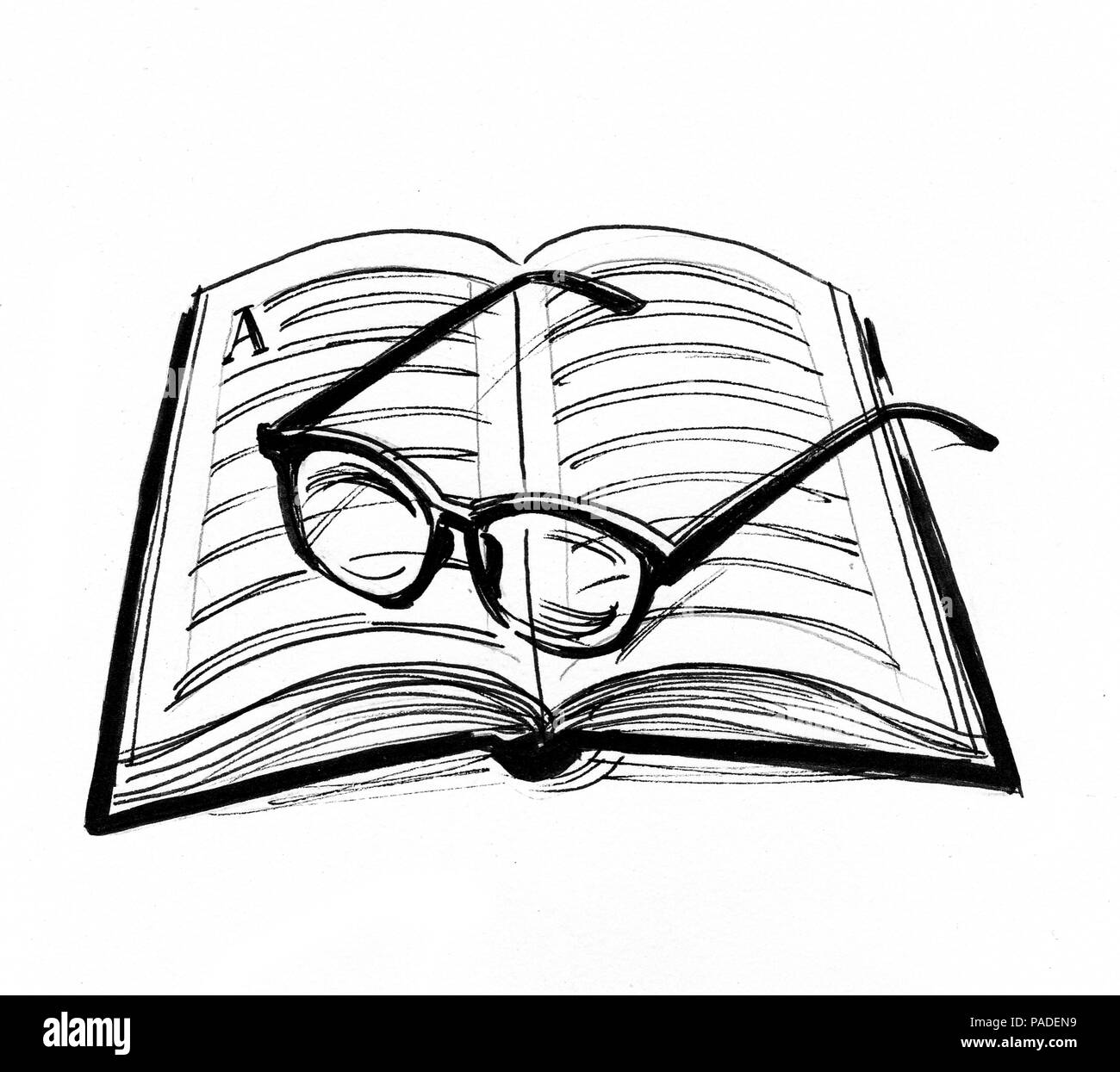 Libro Abierto y gafas de lectura. Ilustración en blanco y negro de