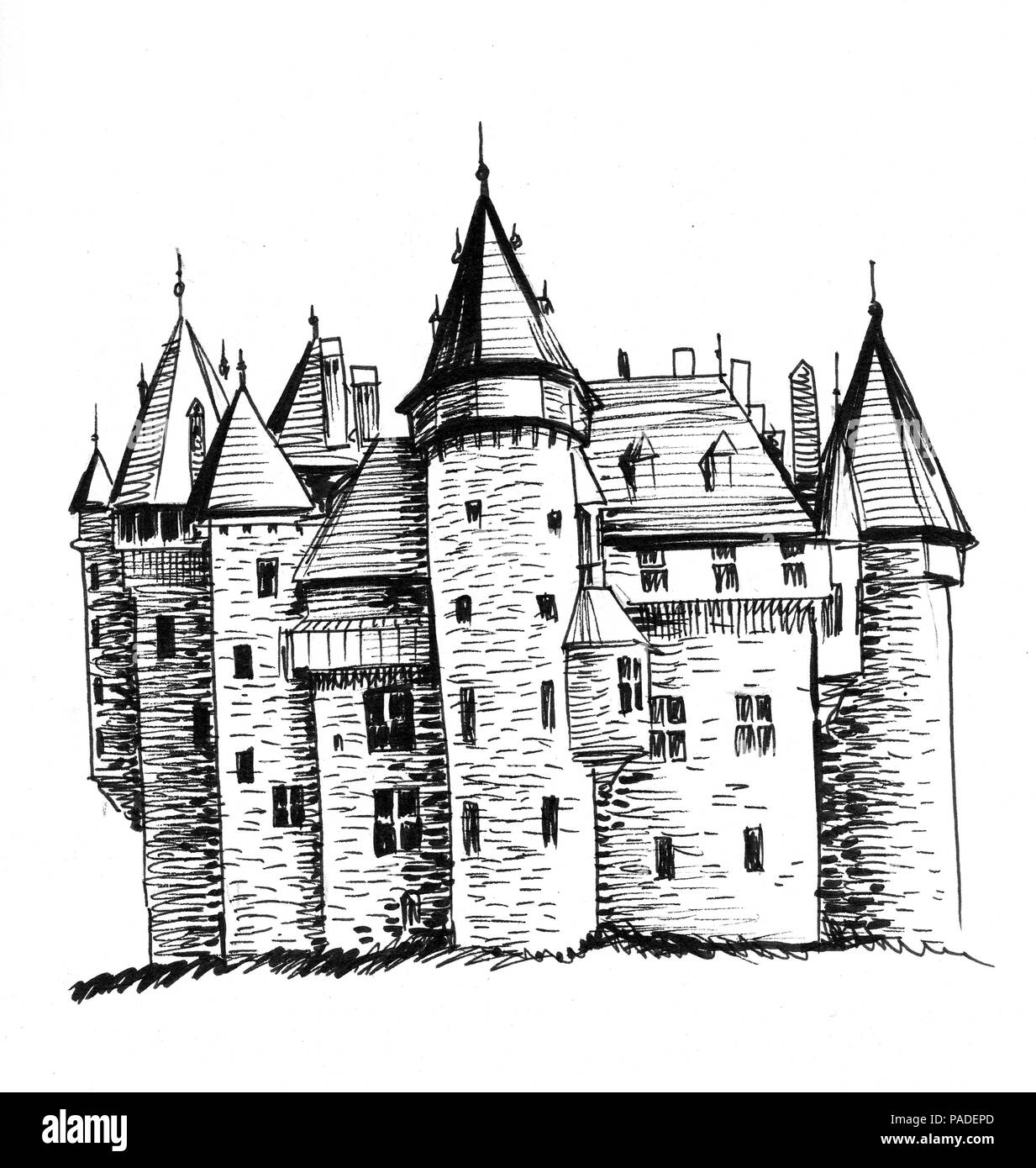 Castillo medieval europeo. Ilustración en blanco y negro de tinta  Fotografía de stock - Alamy
