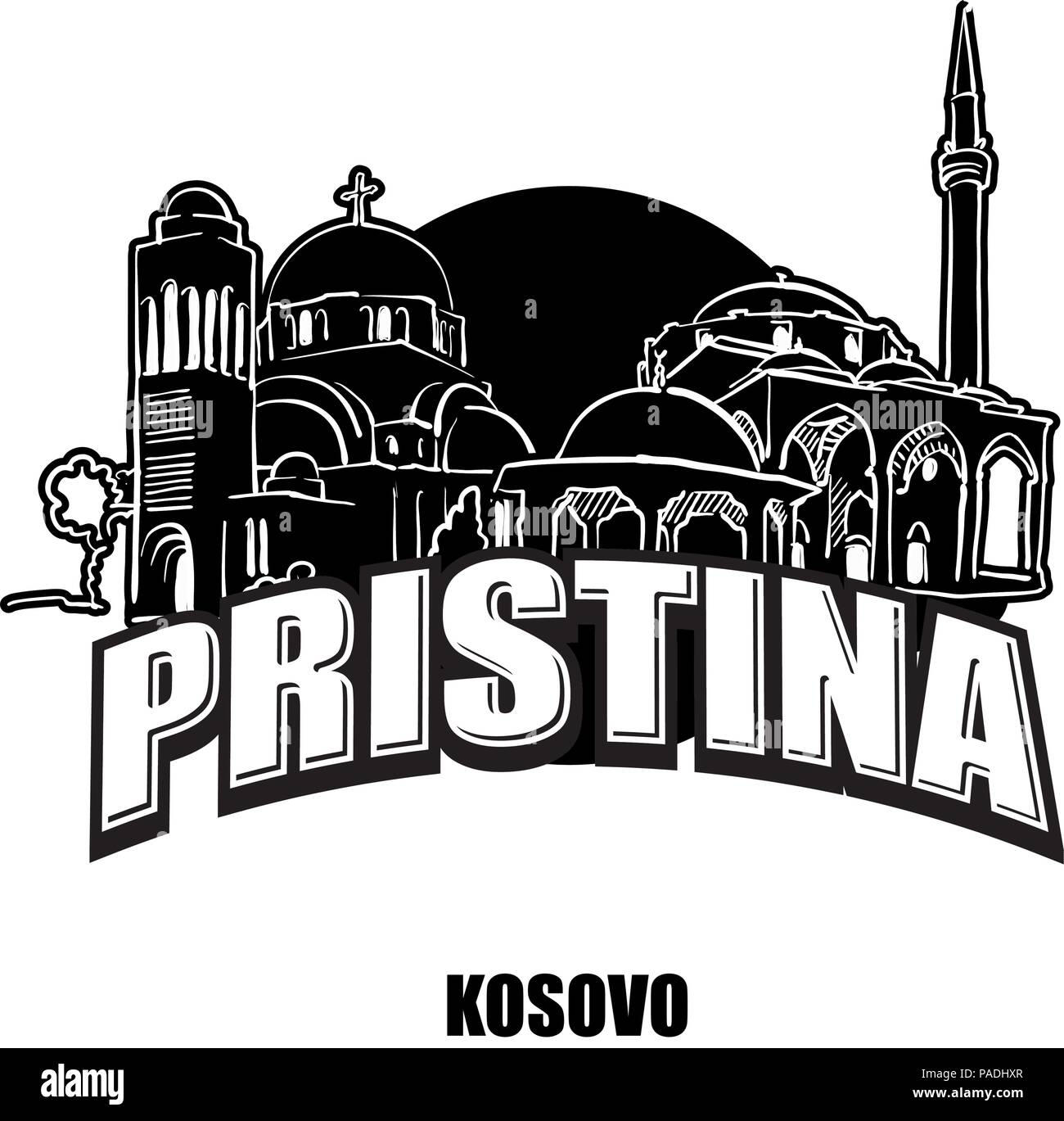 Prstina, Kosovo, en blanco y negro logotipo para impresiones de alta calidad. Dibujo Vectorial dibujada a mano. Ilustración del Vector
