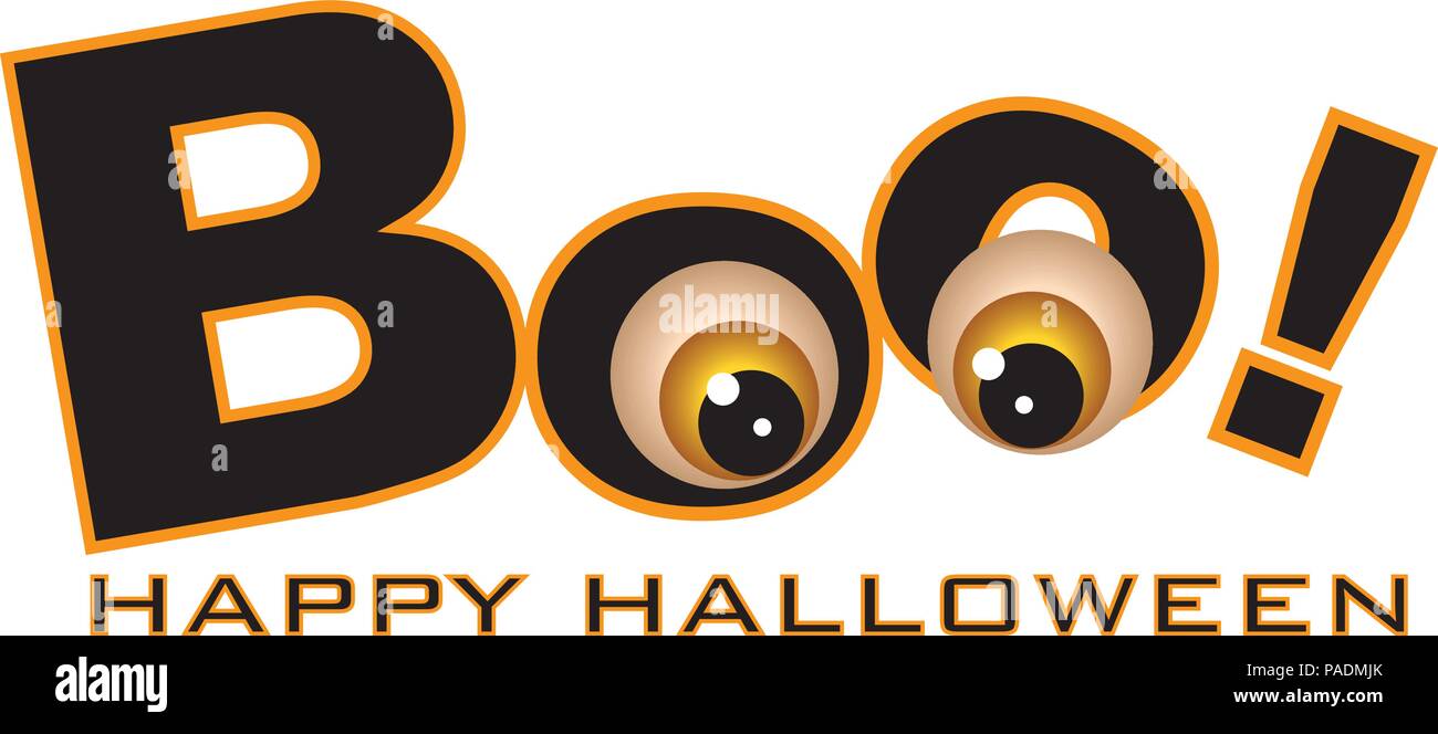 Feliz Halloween Boo texto con divertidas bolas de ojo color aislado sobre fondo blanco ilustración Ilustración del Vector