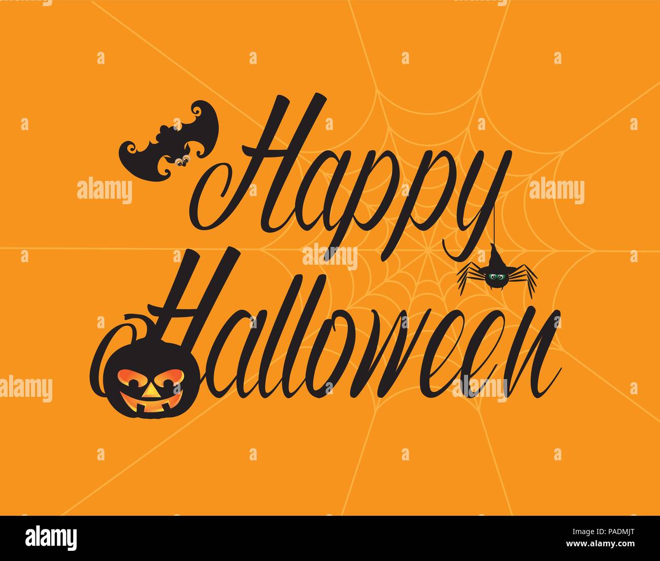 Feliz Halloween texto tarjeta de felicitación con bat calabaza jack-o-lantern tela de araña negro sobre fondo naranja ilustración Ilustración del Vector