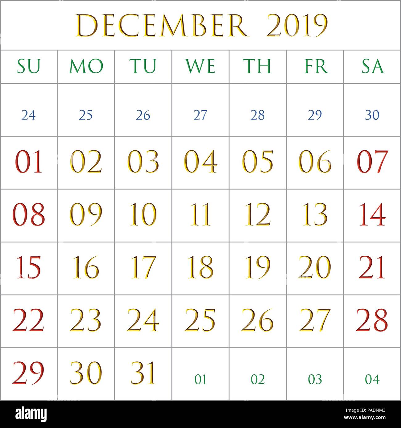 2019 calendario para el mes de diciembre sobre fondo blanco rectángulos