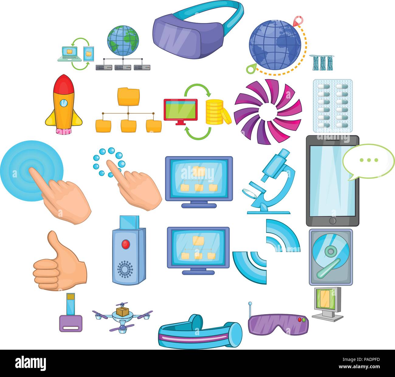 Los iconos de la tecnología progresiva, estilo de dibujos animados Imagen Vector de stock - Alamy Los iconos de la tecnología progresiva, estilo de dibujos animados Imagen Vector de stock - Alamy