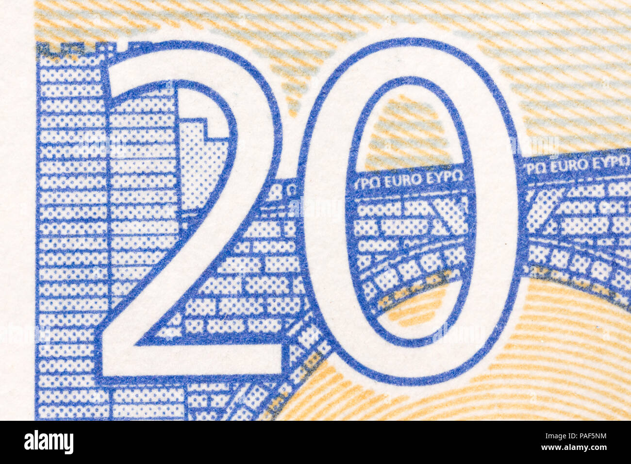 Veinte euros de la Unión Europea fotografiado de cerca. Focus Foto de stock