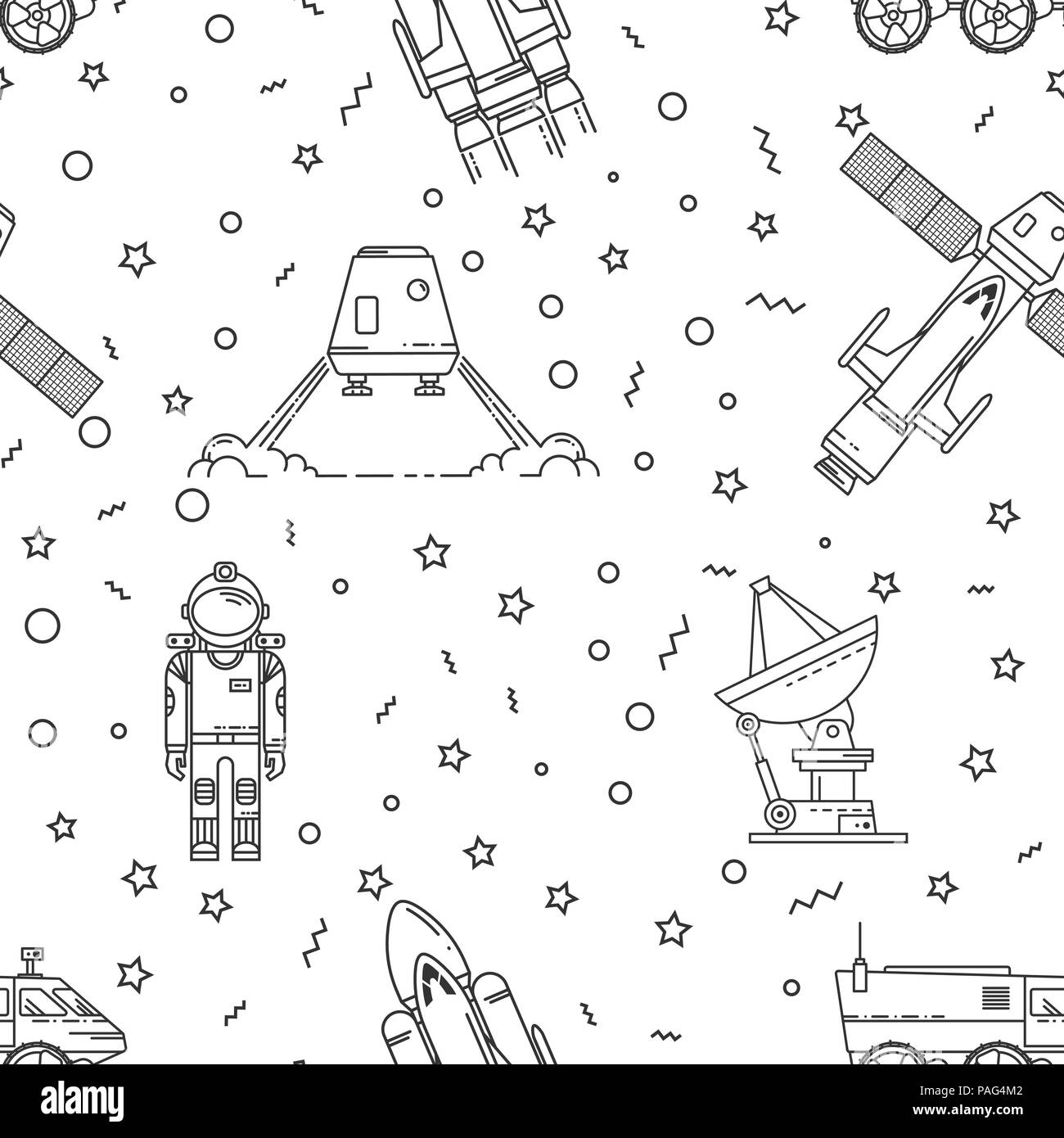 Espacio patrón sin fisuras de Memphis. Moda 80-90 s. Texturas de mosaicos en blanco y negro. Ilustración vectorial. Misión humana a Marte. Icono de línea delgada. Ilustración del Vector